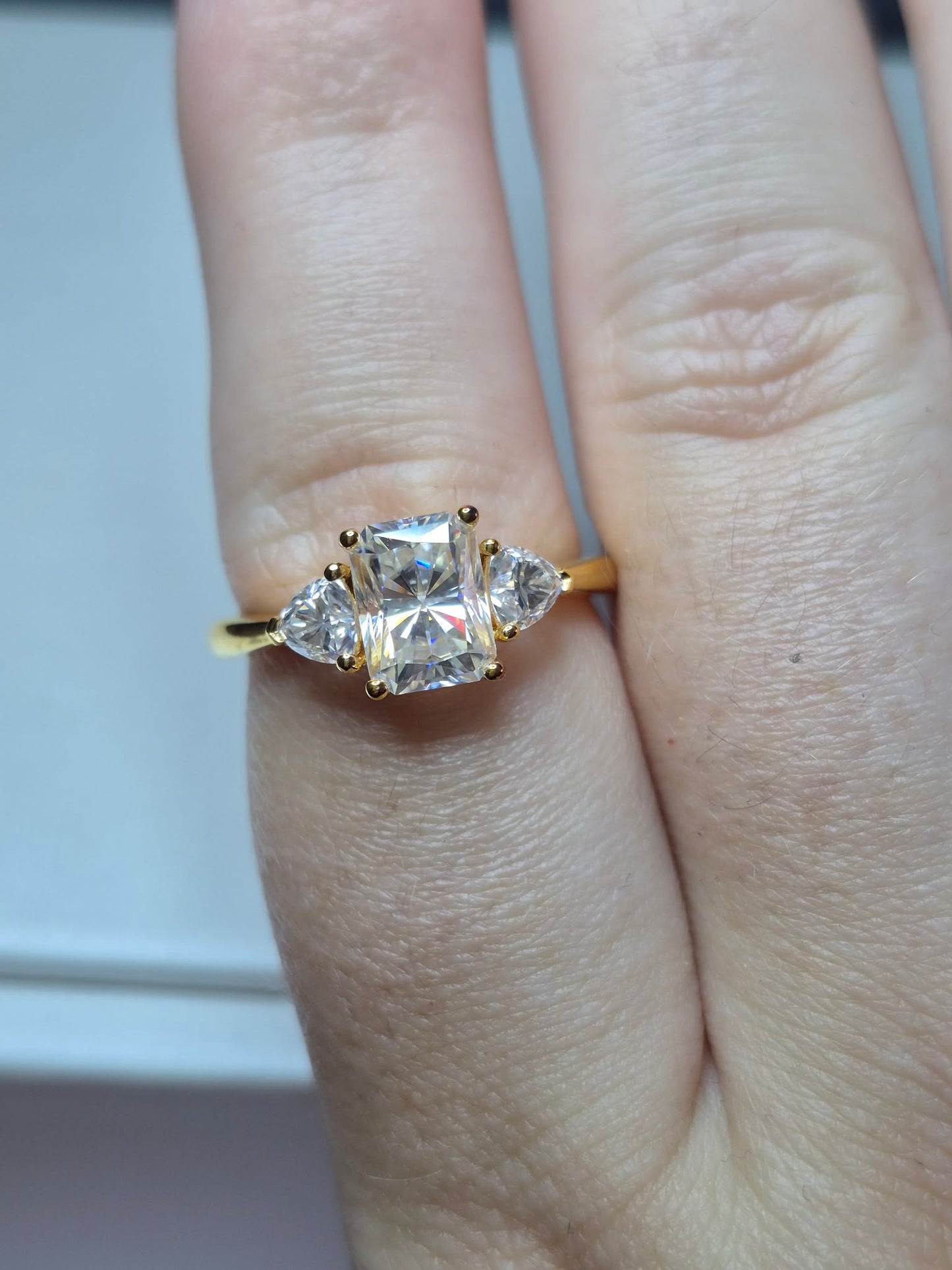 Premium Moissanite Trilogy Ring 18k Gold Plated 925 Sterling Silver SIZE P
