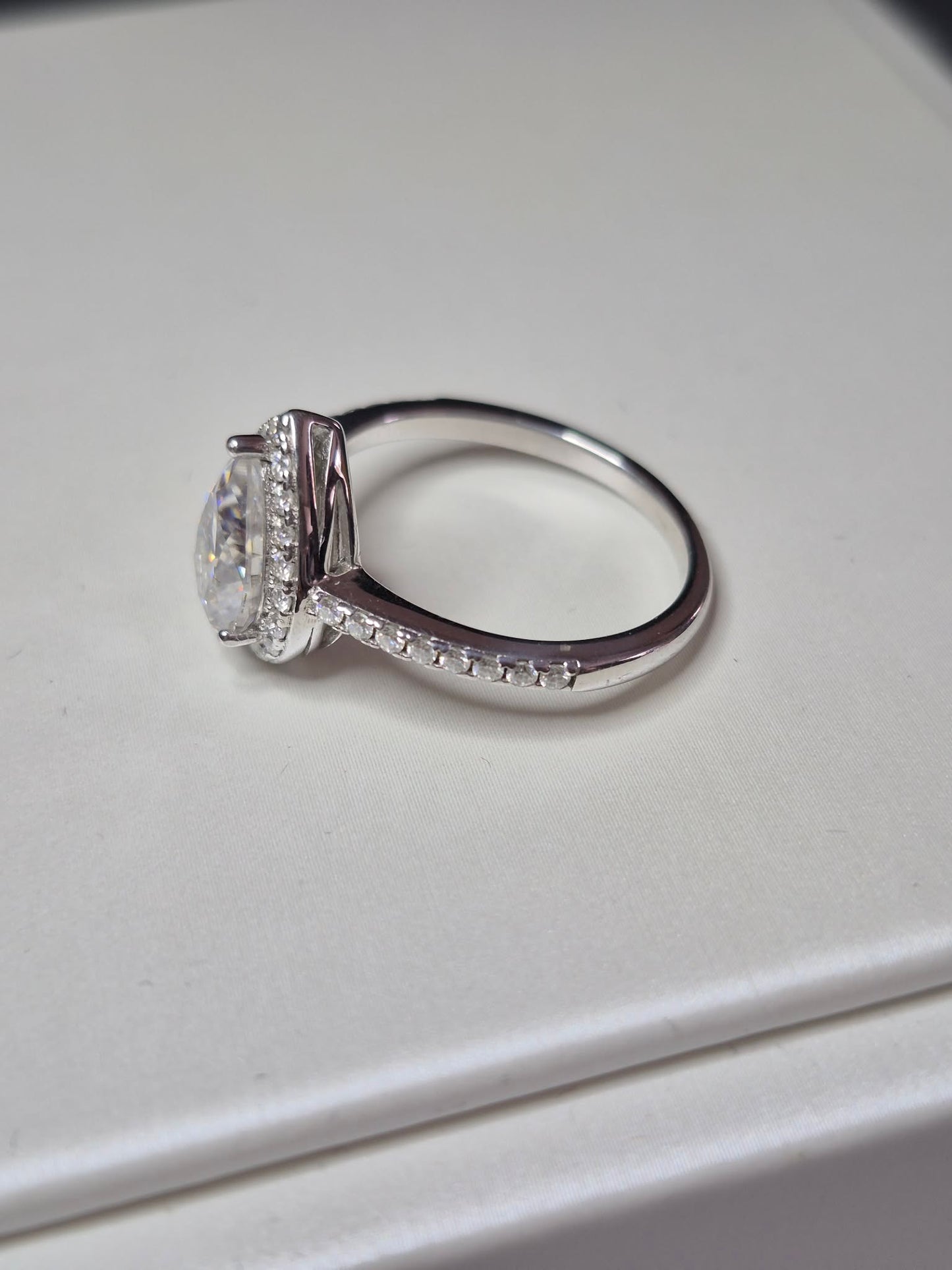 D-VVS1 Moissanite Pear Halo Ring in Rhodium Overlay Sterling Silver SIZE Q
