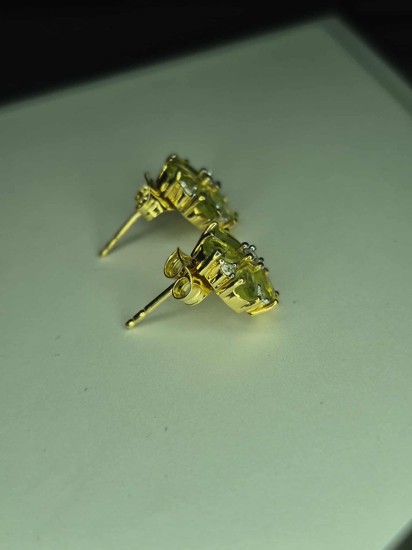 Natural Hebei Peridot & White Zircon Flower Stud Earrings in Gold Overlay 925 Sterling Silver