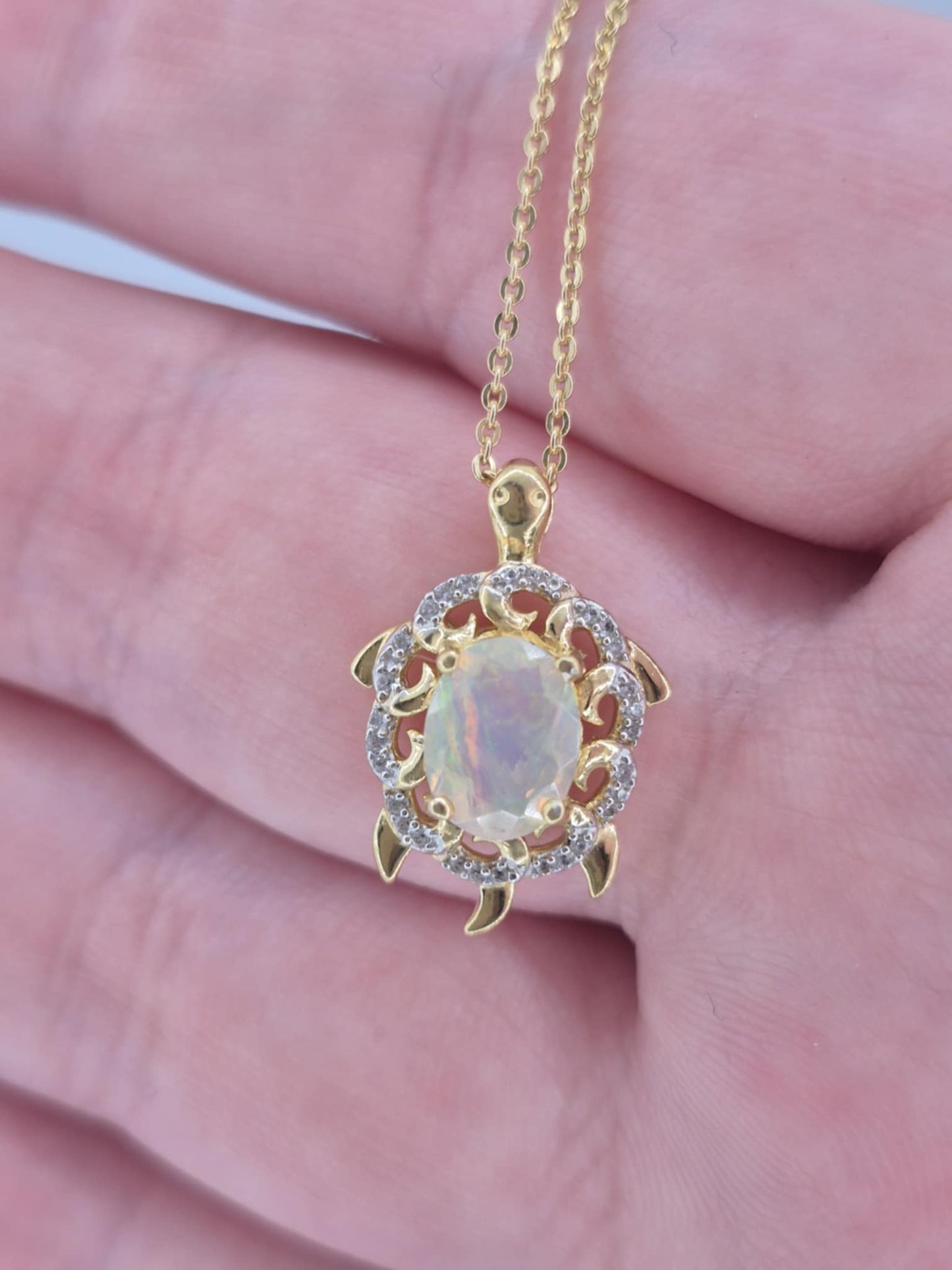 1.38ct Ethiopian Opal, White Zircon Turtle Necklace 18K Gold Overlay 925 Sterling Silver