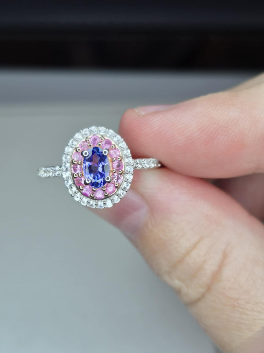 Tanzanite & Pink Sapphire Halo Ring in 925 Sterling Silver SIZE L