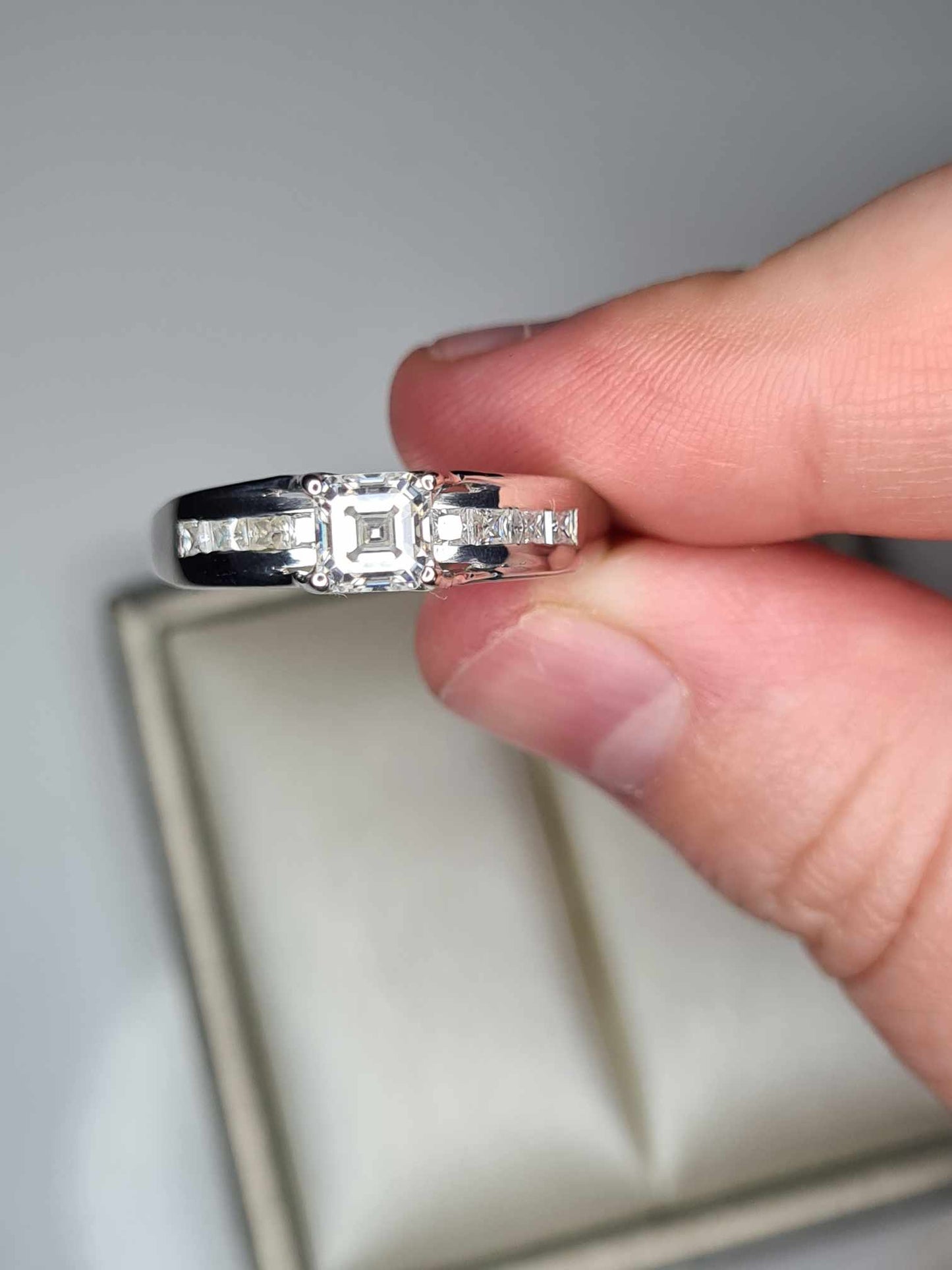 1.15ct Asscher Cut Moissanite Ring in Platinum Overlay 925 Sterling Silver SIZE N OR S