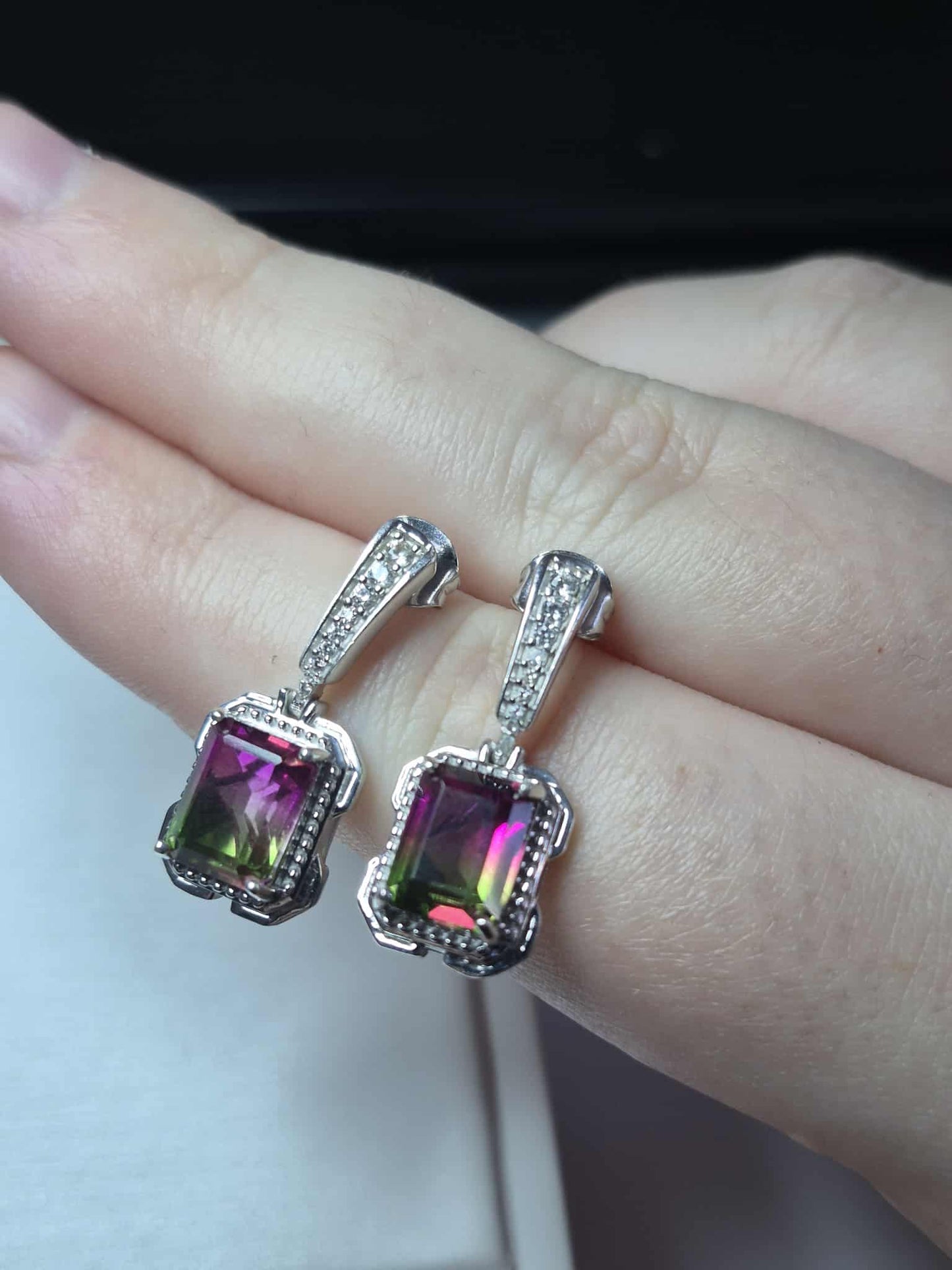 5.28ct Watermelon Quartz Triplet & White Zircon Dangling Earrings 925 Sterling Silver