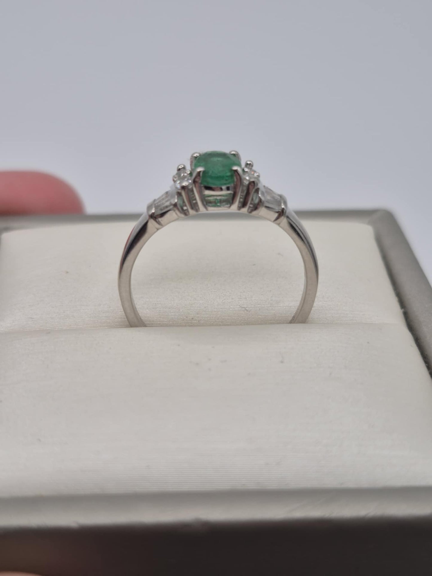 1.361ct AAEmerald & White Zircon Ring in Platinum Overlay 925 Sterling Silver SIZE T