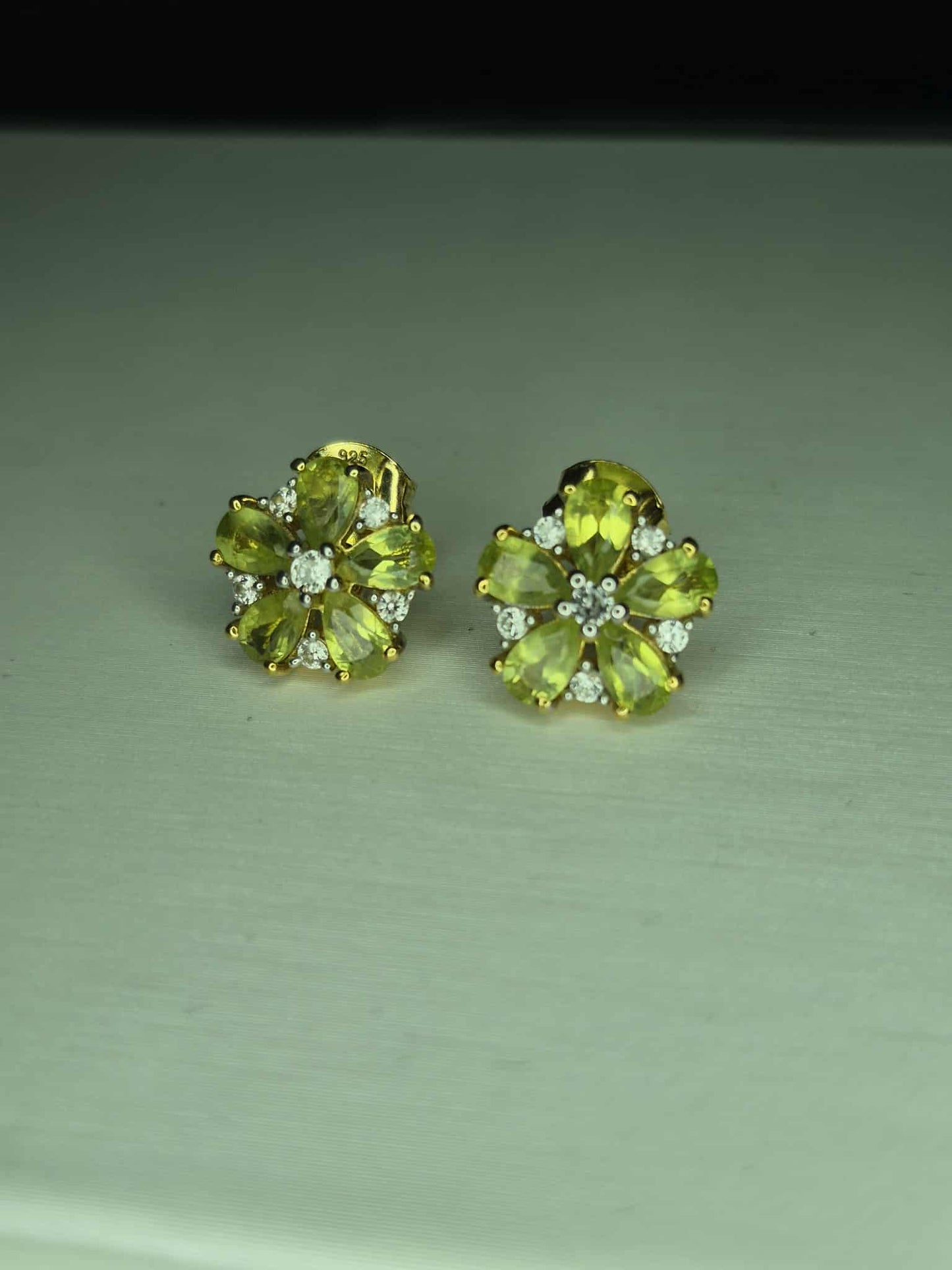 Natural Hebei Peridot & White Zircon Flower Stud Earrings in Gold Overlay 925 Sterling Silver