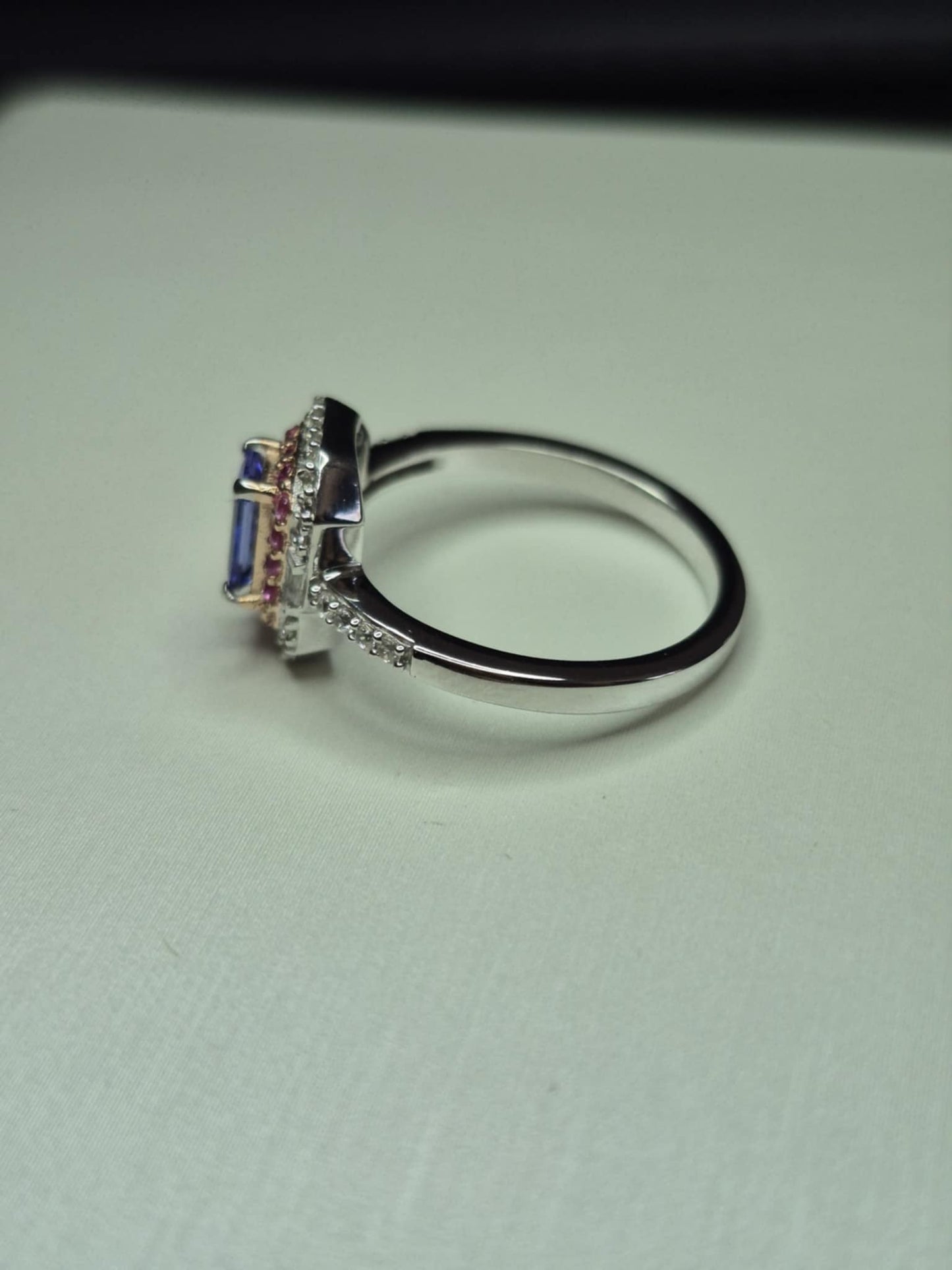Tanzanite & Pink Sapphire Halo Ring in 18K Rose Gold Overlay 925 Sterling Silver