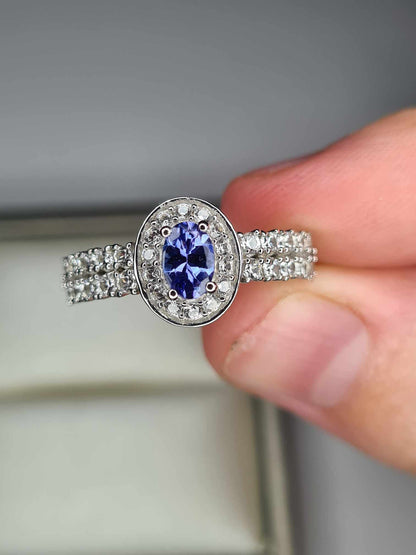 1.35ct AAA Tanzanite &amp; Natural Zircon Ring in Platinum Overlay 925 Sterling Silver SIZE L