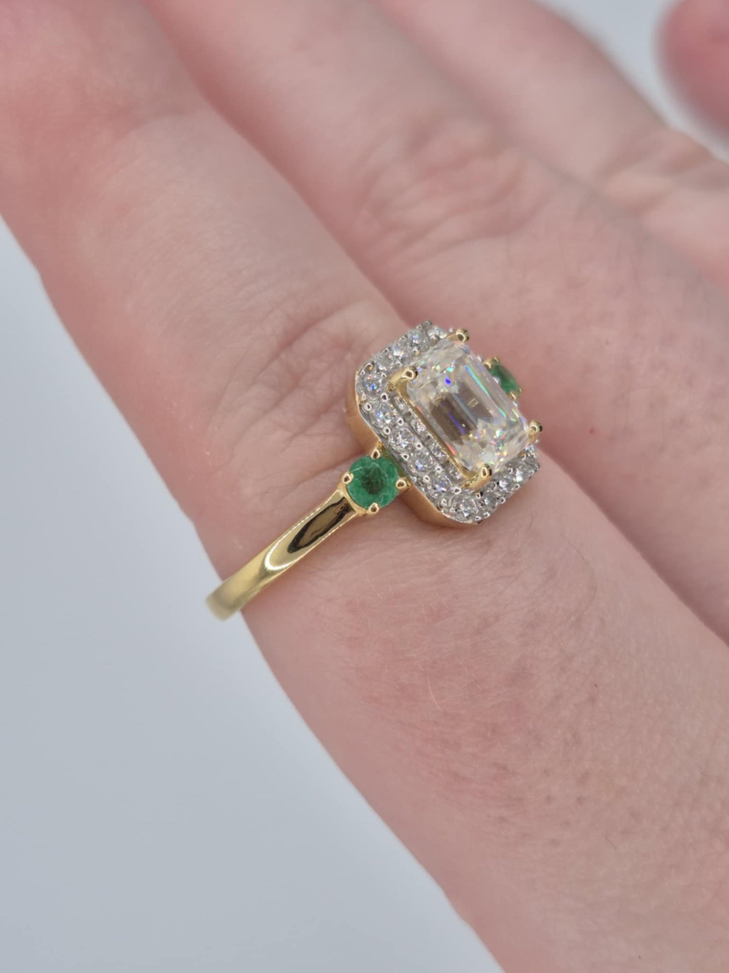 2.300ct. Octagon Cut Moissanite & Emerald Ring 18k Gold Overlay 925 Sterling Silver SIZE T