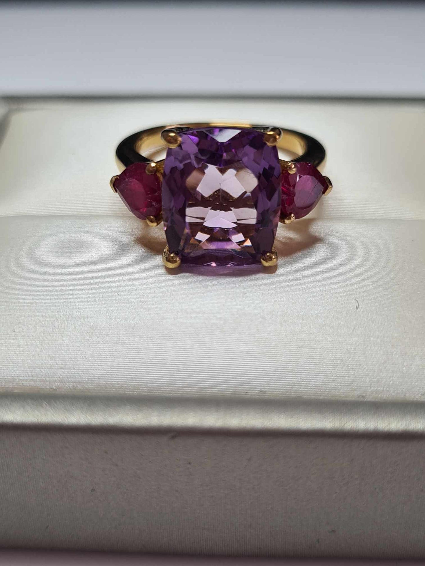 6.660 Ct. African Amethyst & Ruby Trilogy Ring in 18K Gold Overlay 925 Sterling Silver