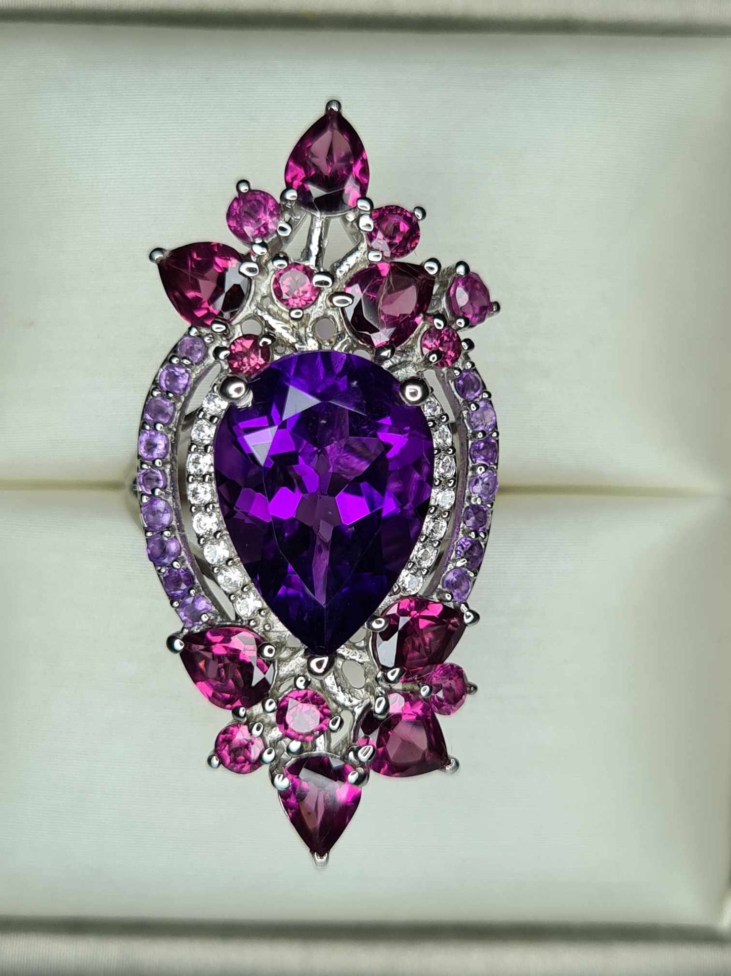 8.57ct Amethyst, Rhodolite Garnet and Natural Zircon Floral Ring in Platinum Overlay 925 Sterling Silver