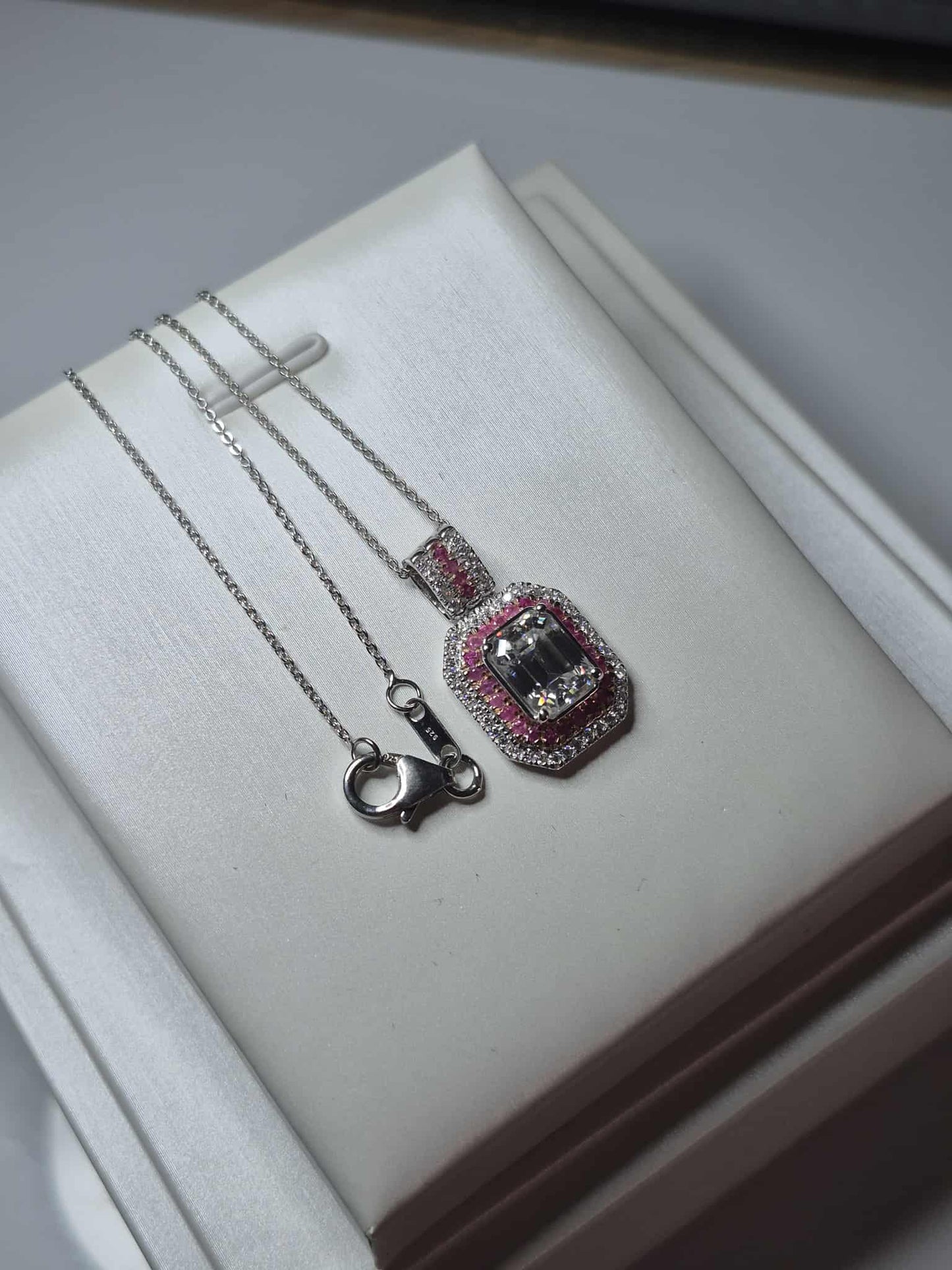 Moissanite & Pink Sapphire Necklace Rhodium Overlay 925 Sterling Silver