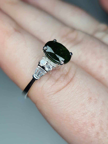 2.40ct Natural Russian Diopside and Natural Zircon Ring 925 Sterling Silver SIZE N