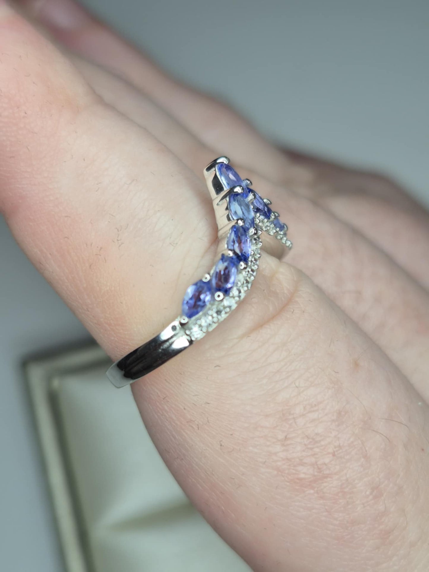 1.17ct Tanzanite and White Zircon Wishbone Ring in Rhodium Overlay 925 Sterling Silver