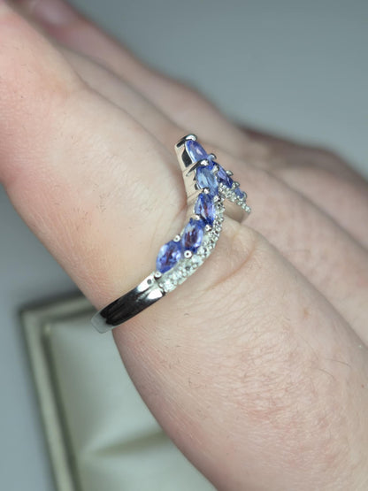 1.17ct Tanzanite and White Zircon Wishbone Ring in Rhodium Overlay 925 Sterling Silver SIZE P