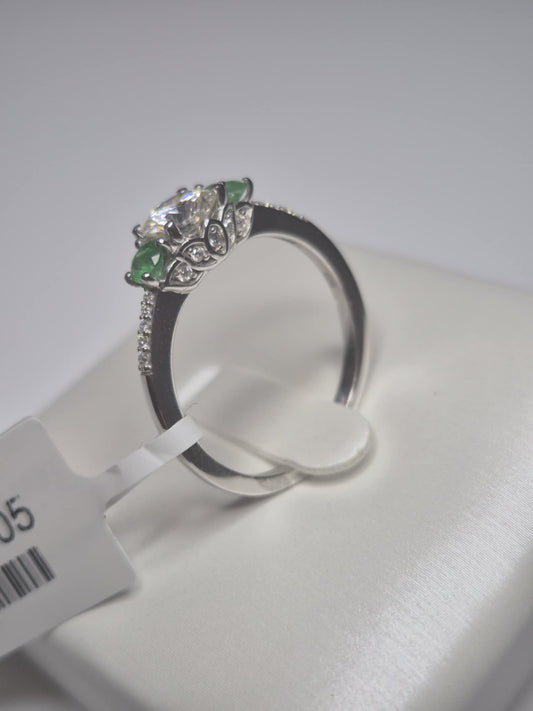1.29 Ct. Moissanite & Gemfields Emerald trilogy Ring 925 Sterling Silver SIZE R