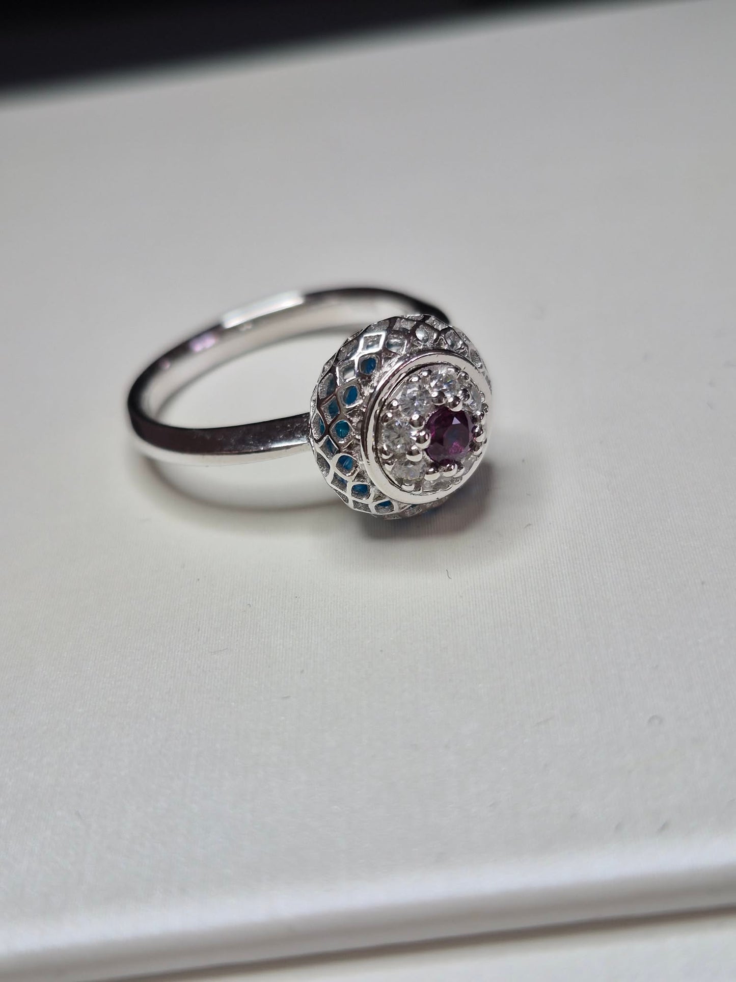 Art Deco Blue Apatite Ring in Rhodium Overlay 925 Sterling Silver SIZE N