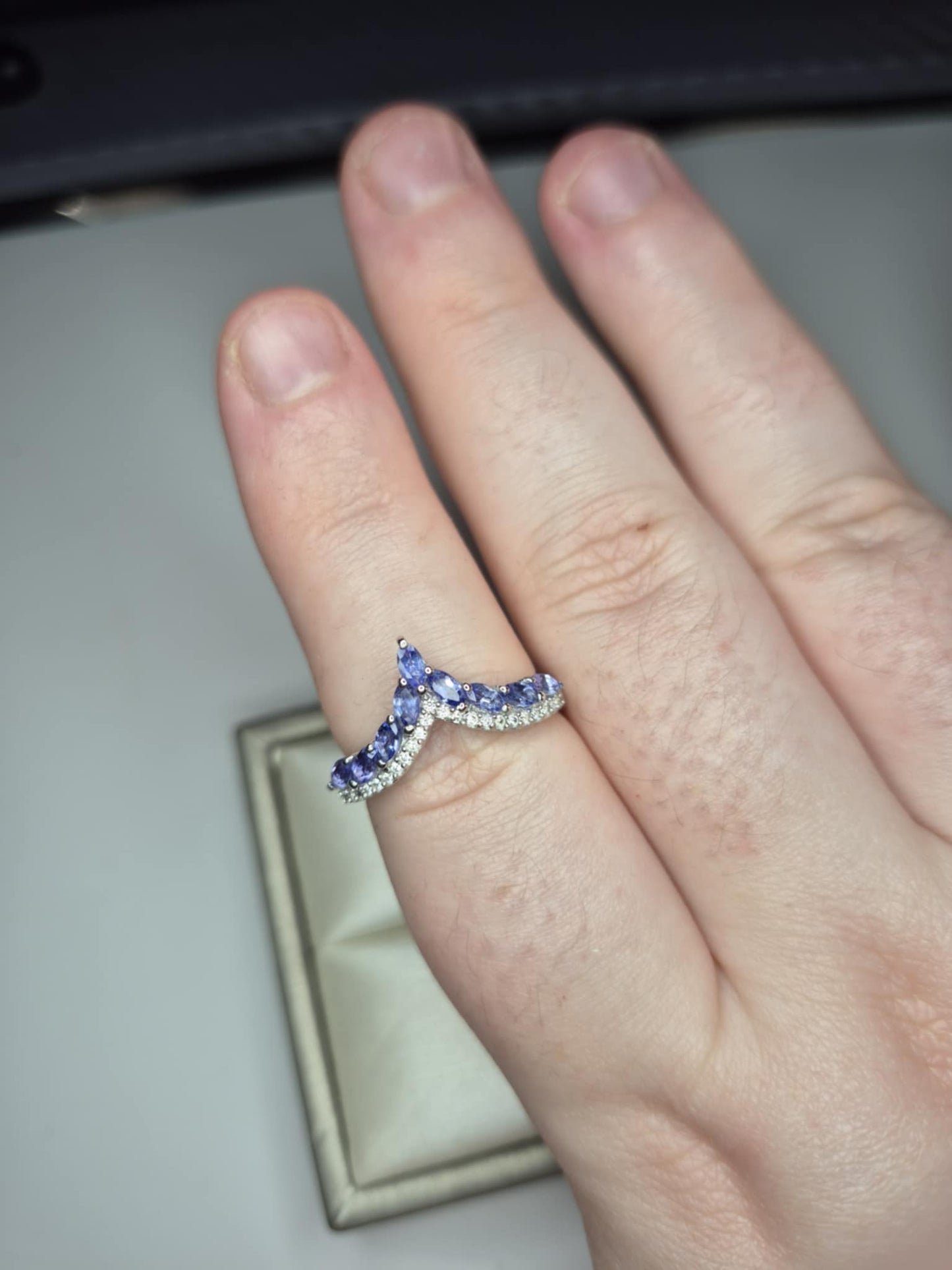 1.17ct Tanzanite and White Zircon Wishbone Ring in Rhodium Overlay 925 Sterling Silver