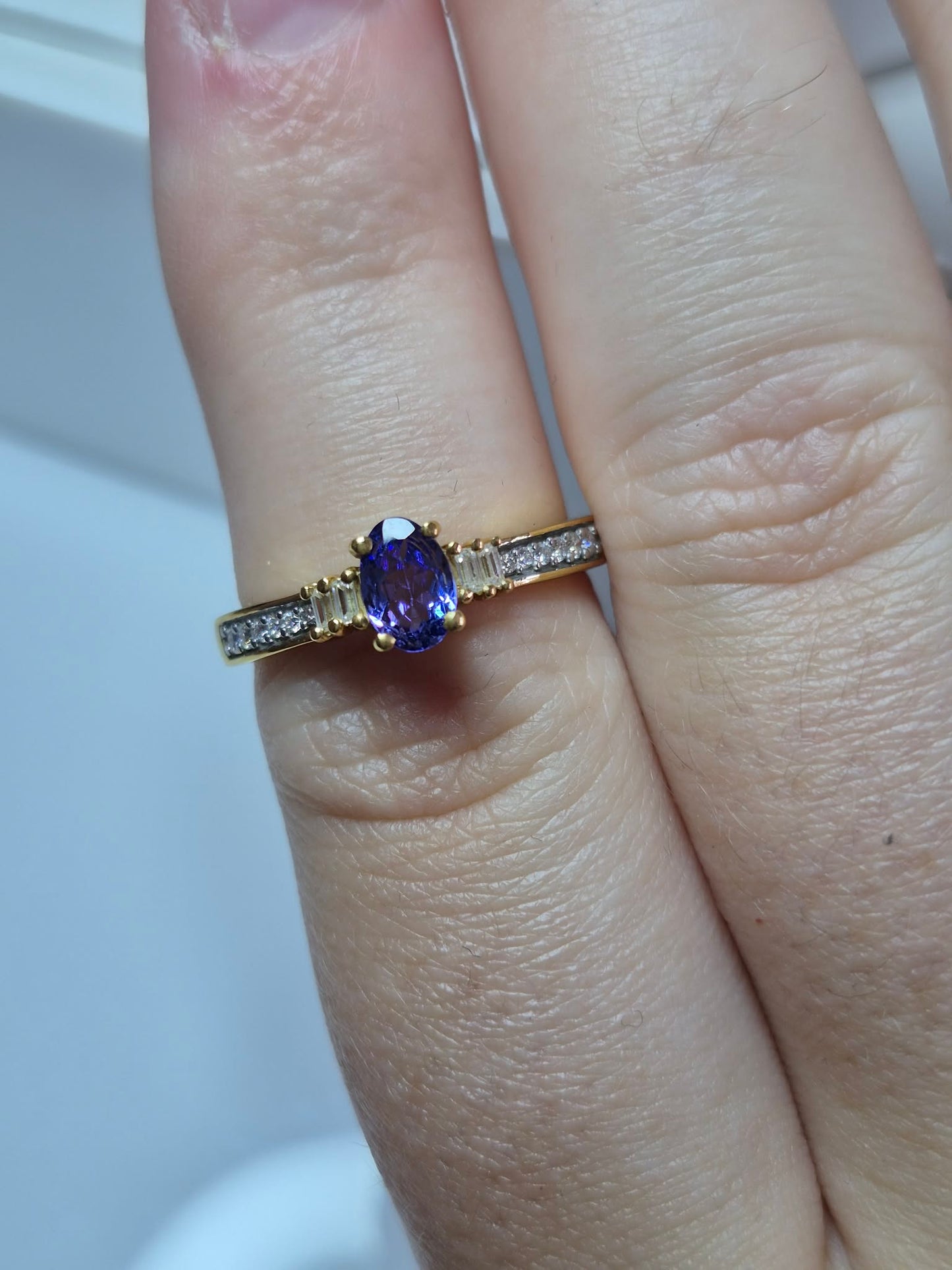 Natural Tanzanite & Moissanite Ring in 18k gold overlay 925 Sterling Silver SIZE M