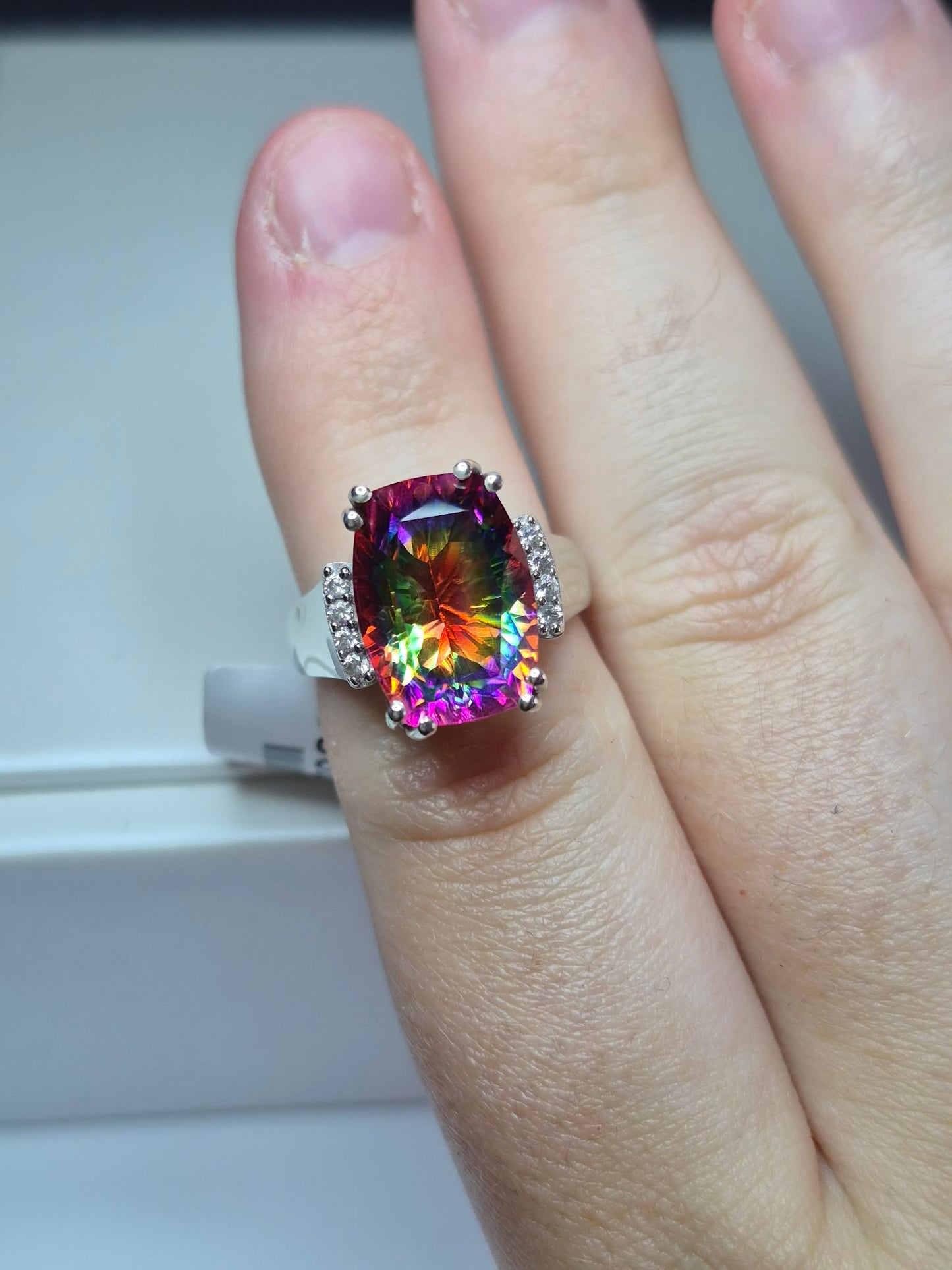 8ct Nebula Quartz Doublet & White Zircon Ring in Rhodium Overlay Sterling Silver SIZE L
