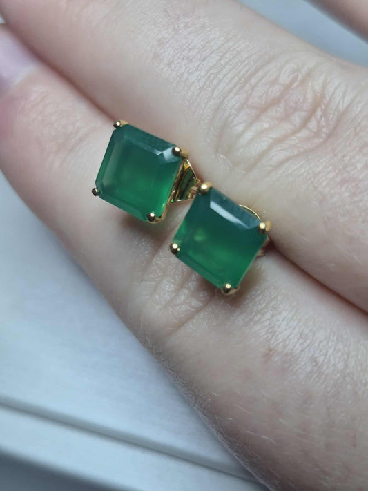 4.43ct Green Onyx Solitaire Stud Earrings in 14K Yellow Gold Overlay 925 Sterling Silver