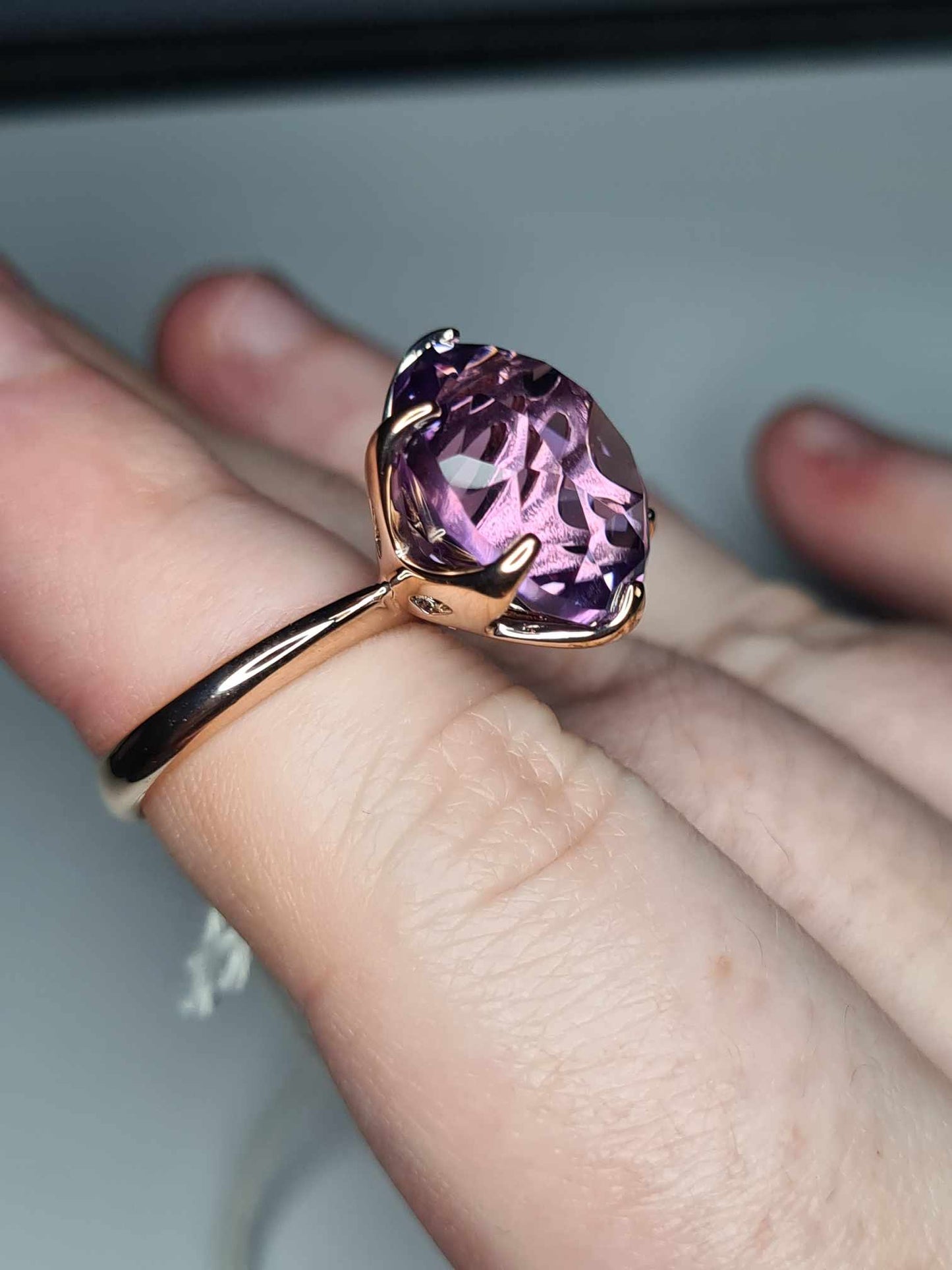 11ct Rose De France Amethyst Ring 18K Rose Gold Overlay 925 Sterling Silver SIZE K