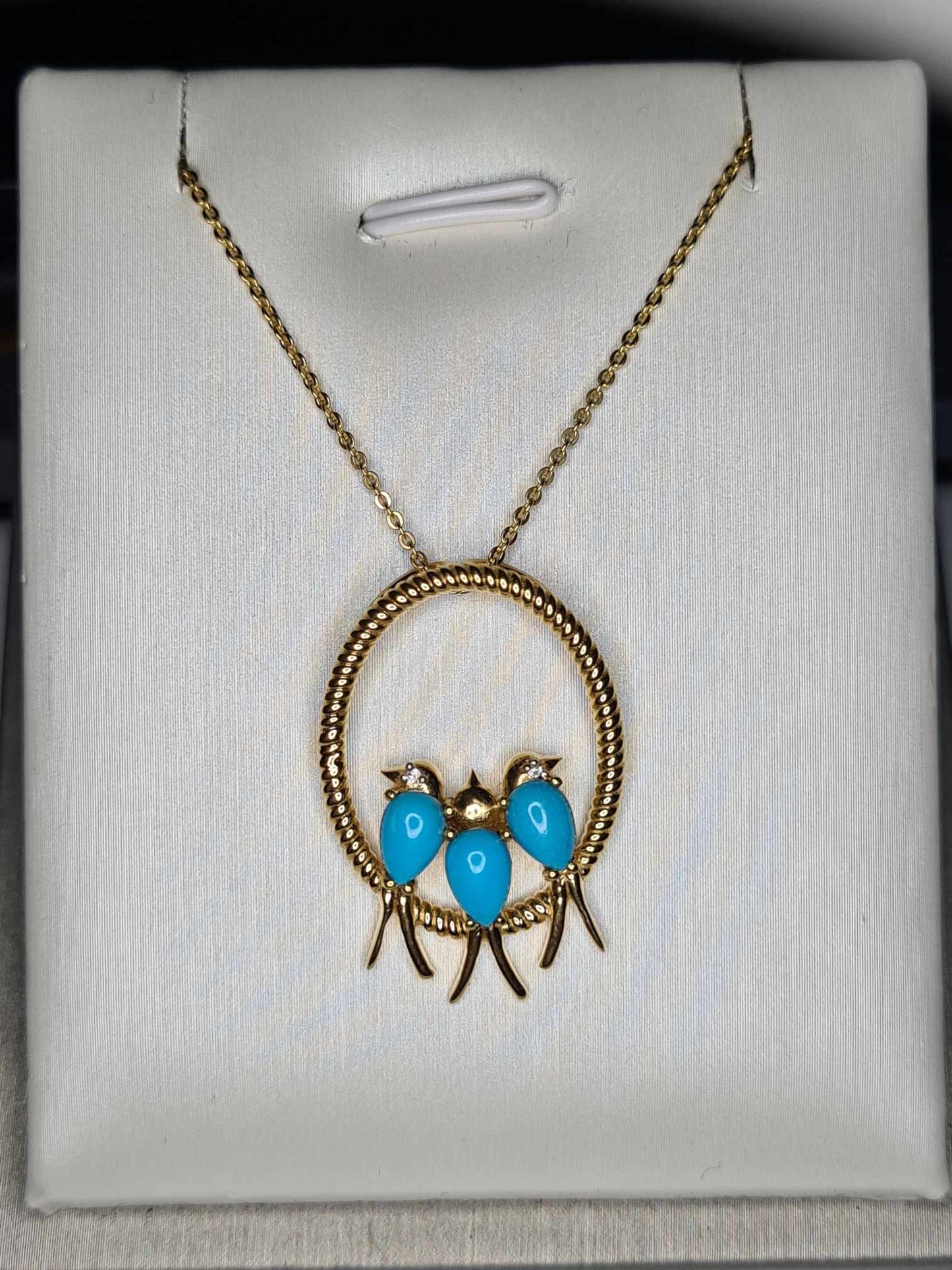 1.23 Ct Bird Arizona Sleeping Beauty Turquoise &amp; Zircon Necklace 18k gold overlay 925 sterling silver