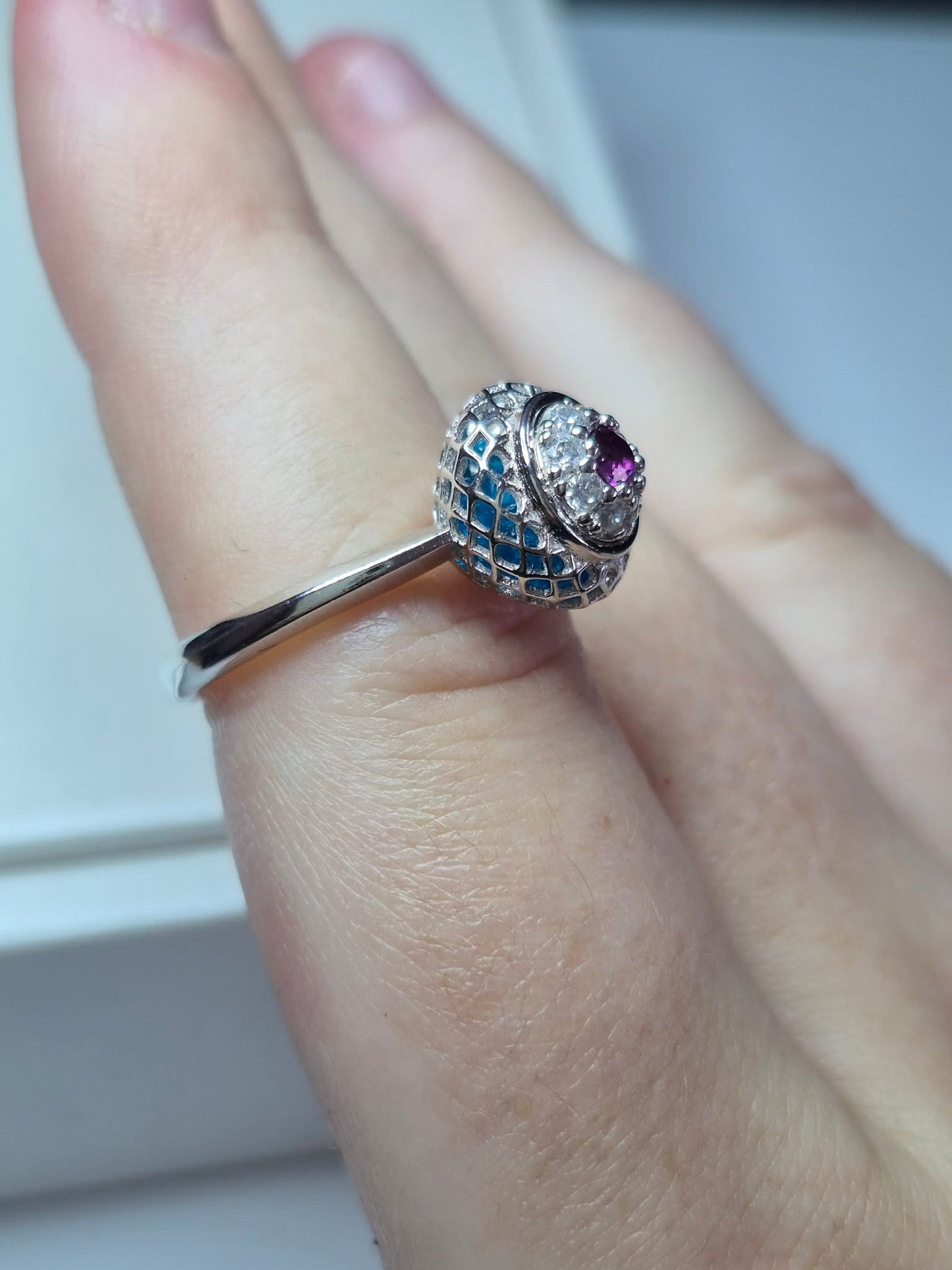 Art Deco Blue Apatite Ring in Rhodium Overlay 925 Sterling Silver SIZE N