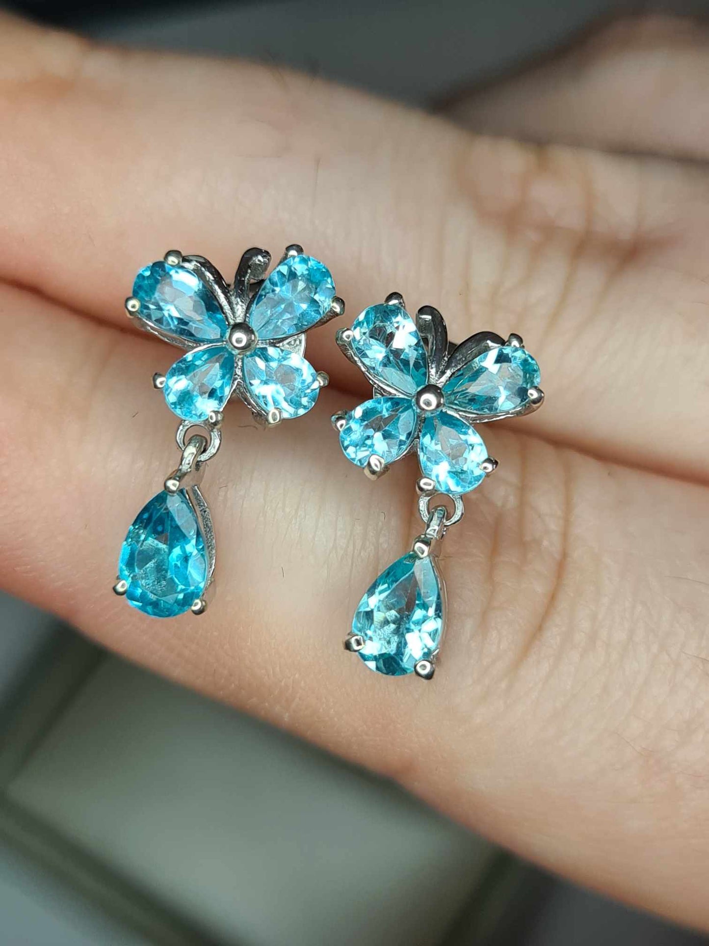 Blue Apatite Dangle Butterfly Earrings in Rhodium Overlay 925 Sterling Silver