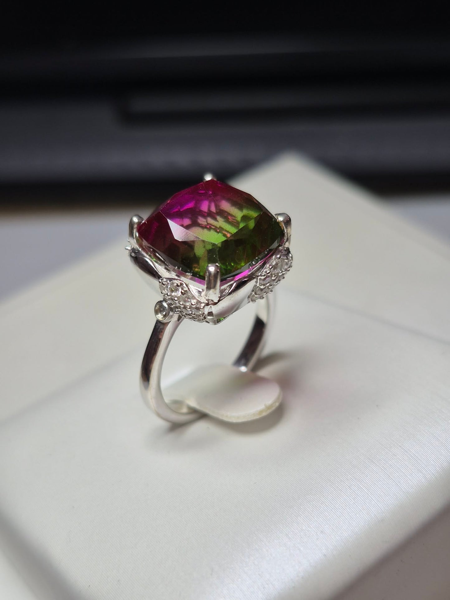 9ct Watermelon Quartz &amp; White Zircon Solitaire Ring in 925 Sterling Silver