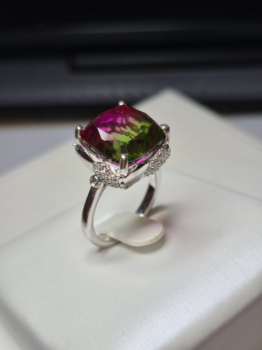 9ct Watermelon Quartz &amp; White Zircon Solitaire Ring in 925 Sterling Silver