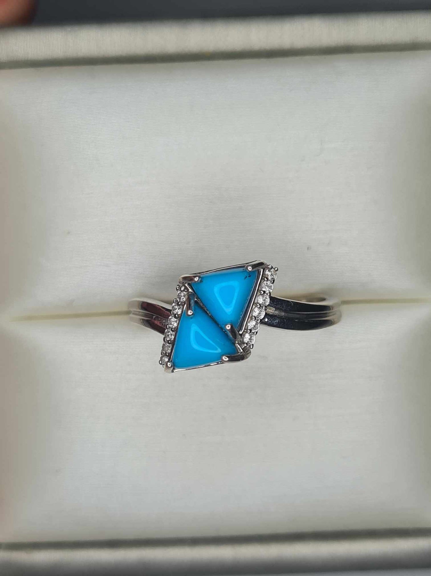 1.17 Ct. Arizona Sleeping Beauty Turquoise Triangle Ring in Platinum Overlay 925 Sterling Silver SIZE P