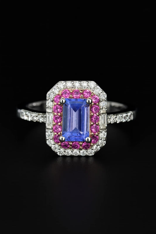 Tanzanite & Pink Sapphire Halo Ring in 18K Rose Gold Overlay 925 Sterling Silver