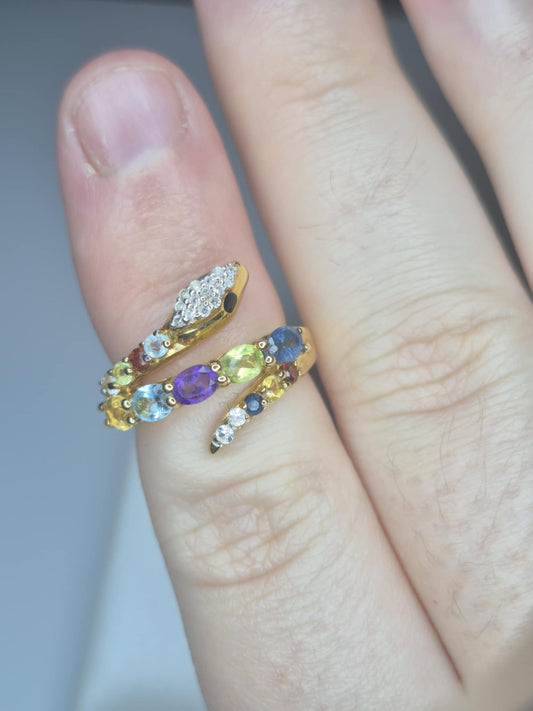 1.45 Multi Gemstone Snake Ring 18k Gold Overlay 925 Sterling Silver SIZE I