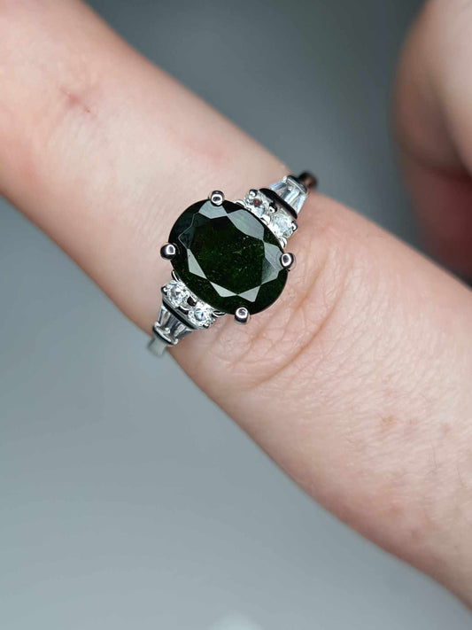2.40ct Natural Russian Diopside and Natural Zircon Ring 925 Sterling Silver SIZE N