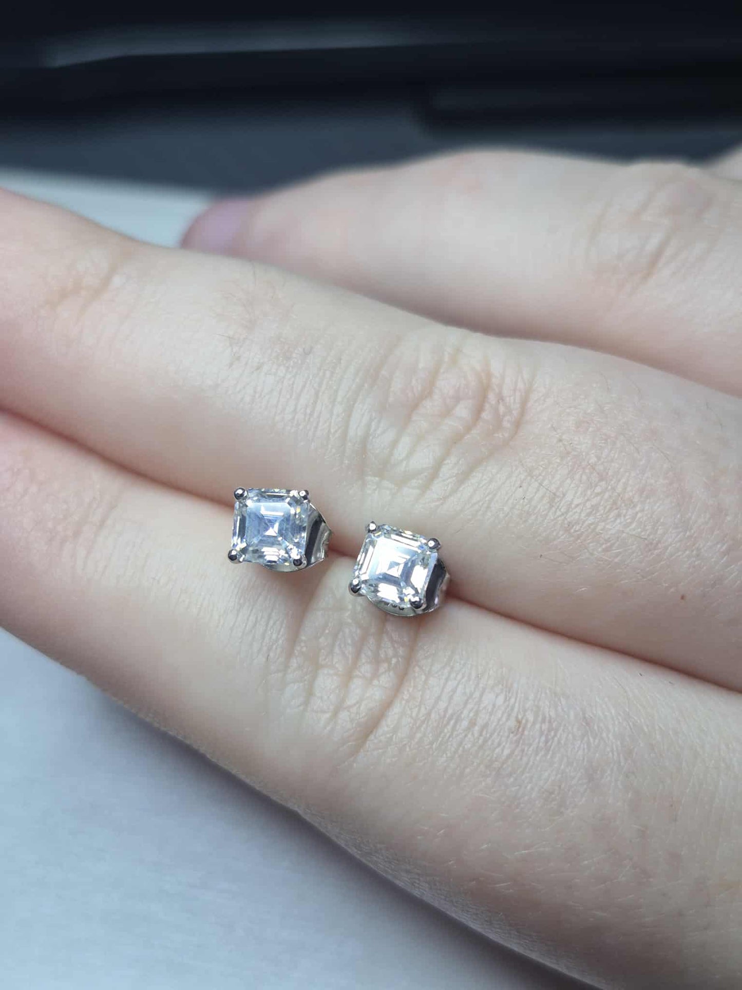 1.38ct Asscher Cut Moissanite Solitaire Stud Earrings in Rhodium Overlay 925 Sterling Silver