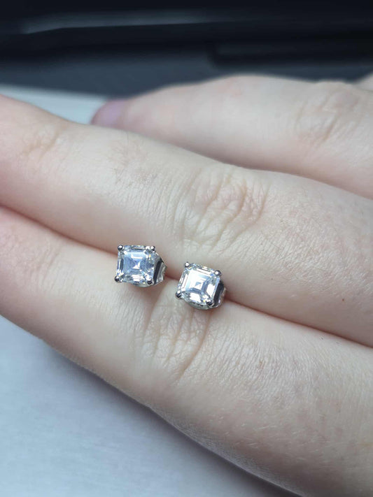 1.38ct Asscher Cut Moissanite Solitaire Stud Earrings in Rhodium Overlay 925 Sterling Silver