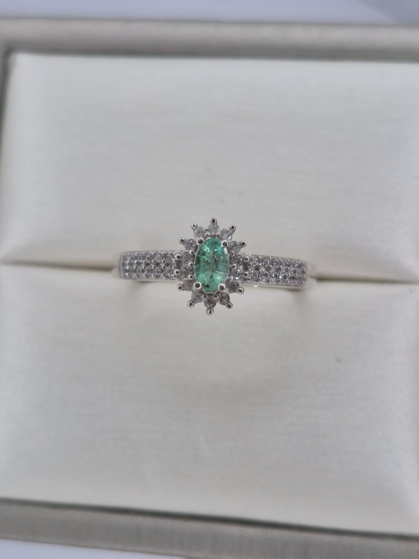 Colombian Emerald & White Zircon Halo Ring in Rhodium Overlay 925 Sterling Silver SIZE N