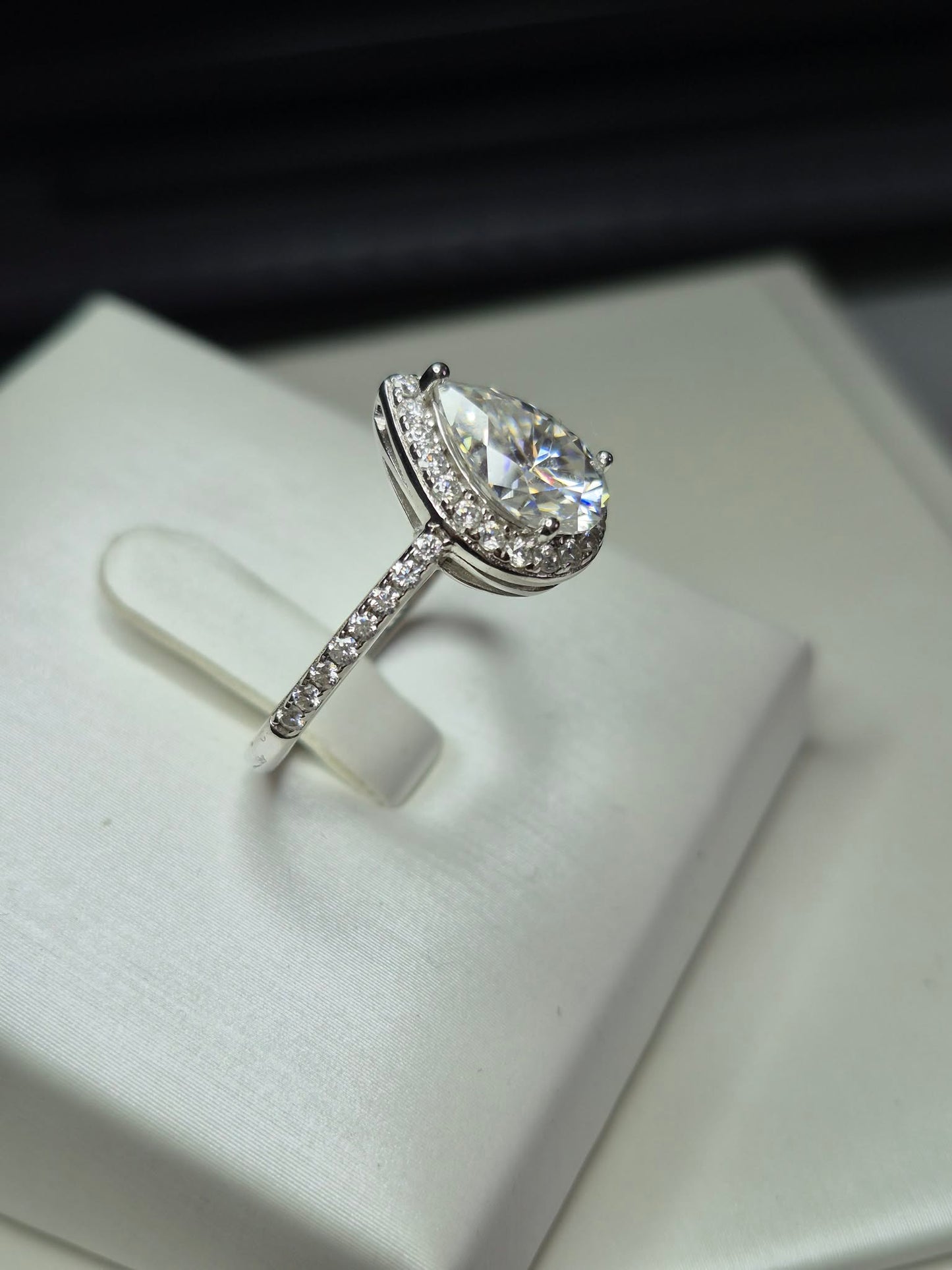 D-VVS1 Moissanite Pear Halo Ring in Rhodium Overlay Sterling Silver SIZE Q