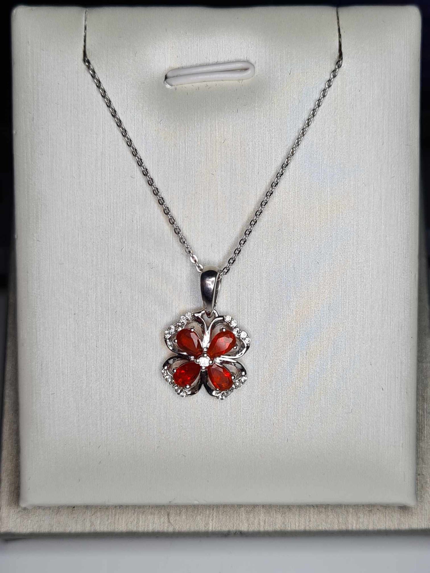 0.790ct. Fire Opal &amp; Natural Zircon Clover Necklace in Platinum Overlay 925 Sterling Silver