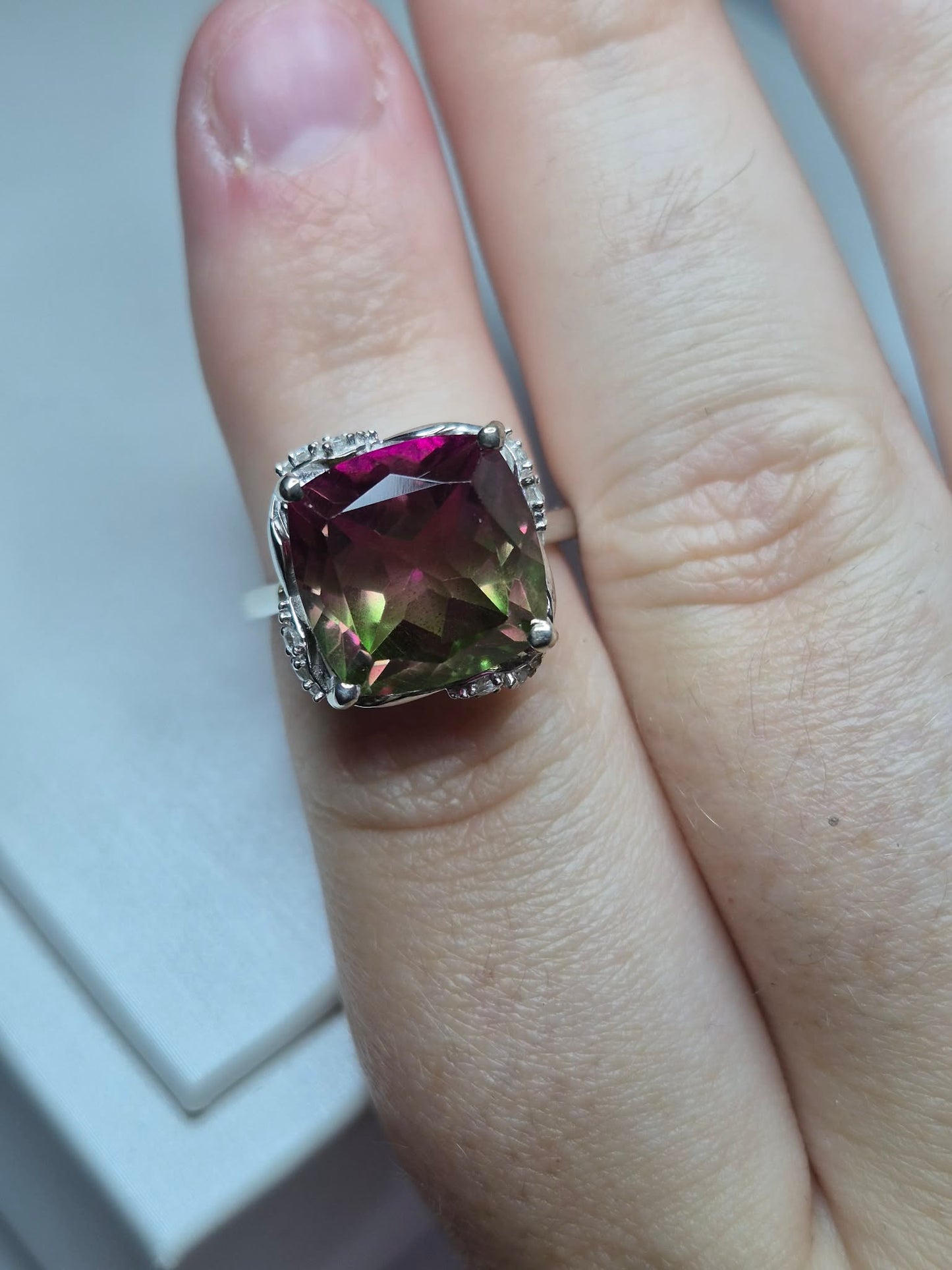 9ct Watermelon Quartz &amp; White Zircon Solitaire Ring in 925 Sterling Silver