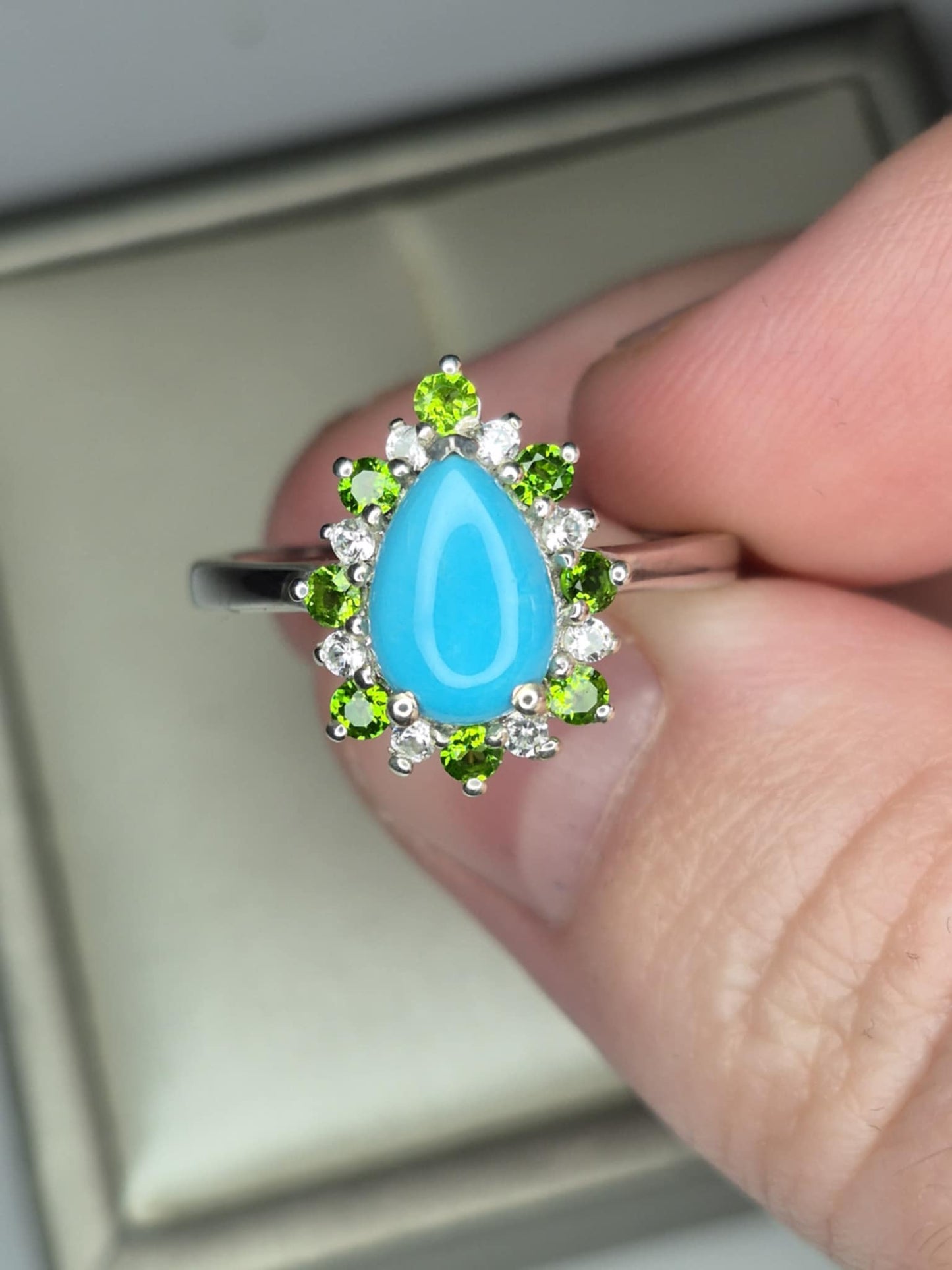 1.75ct Sleeping Beauty Turquoise, Russian Diopside, White Zircon Halo Ring in 925 Sterling Silver SIZE L