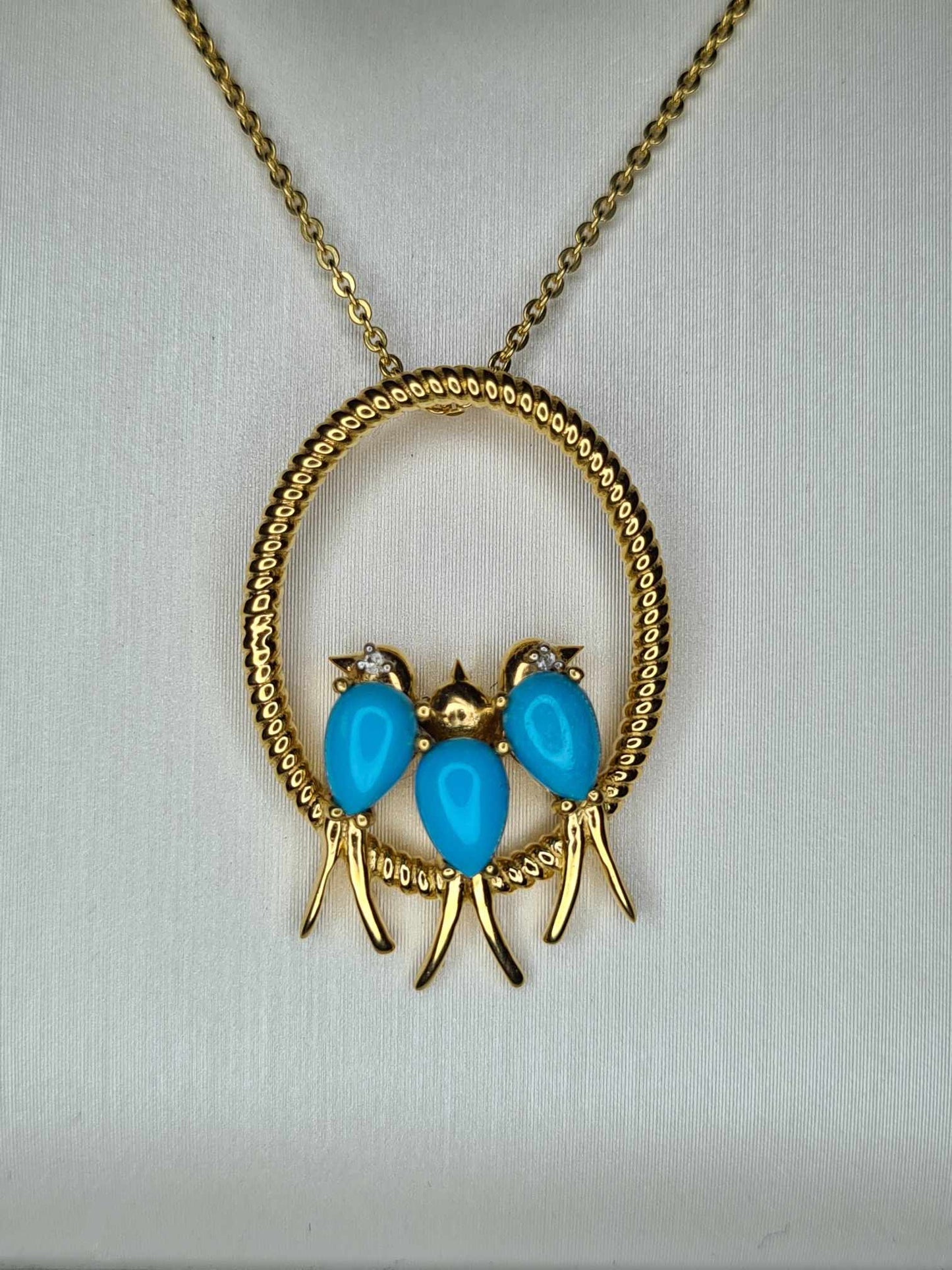 1.23 Ct Bird Arizona Sleeping Beauty Turquoise &amp; Zircon Necklace 18k gold overlay 925 sterling silver