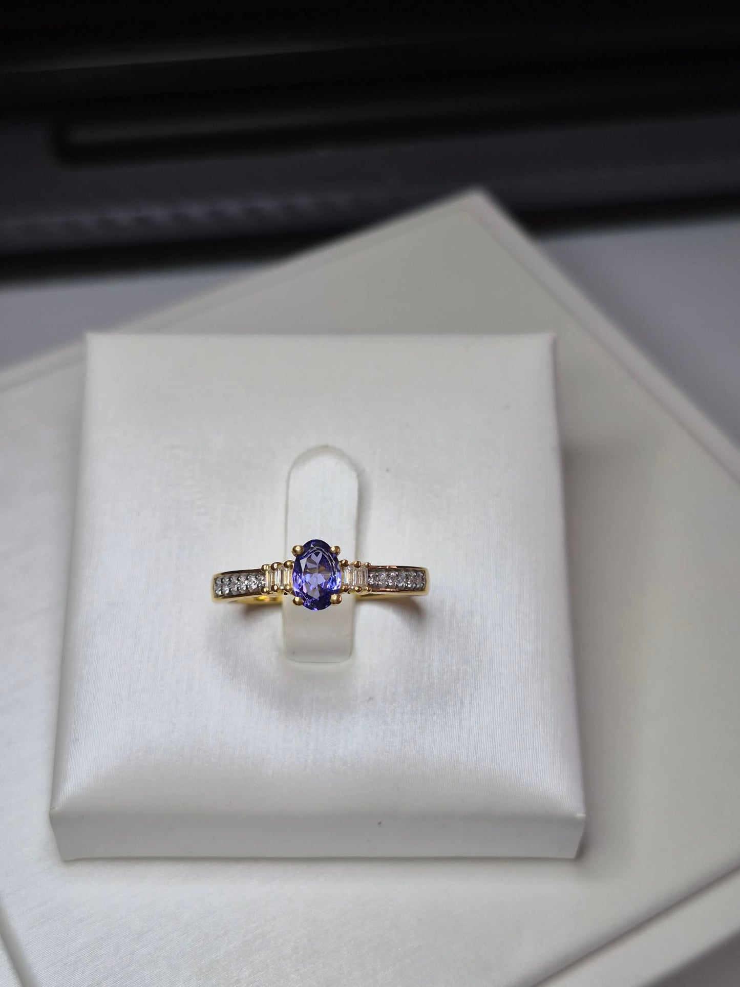 Natural Tanzanite & Moissanite Ring in 18k gold overlay 925 Sterling Silver SIZE M