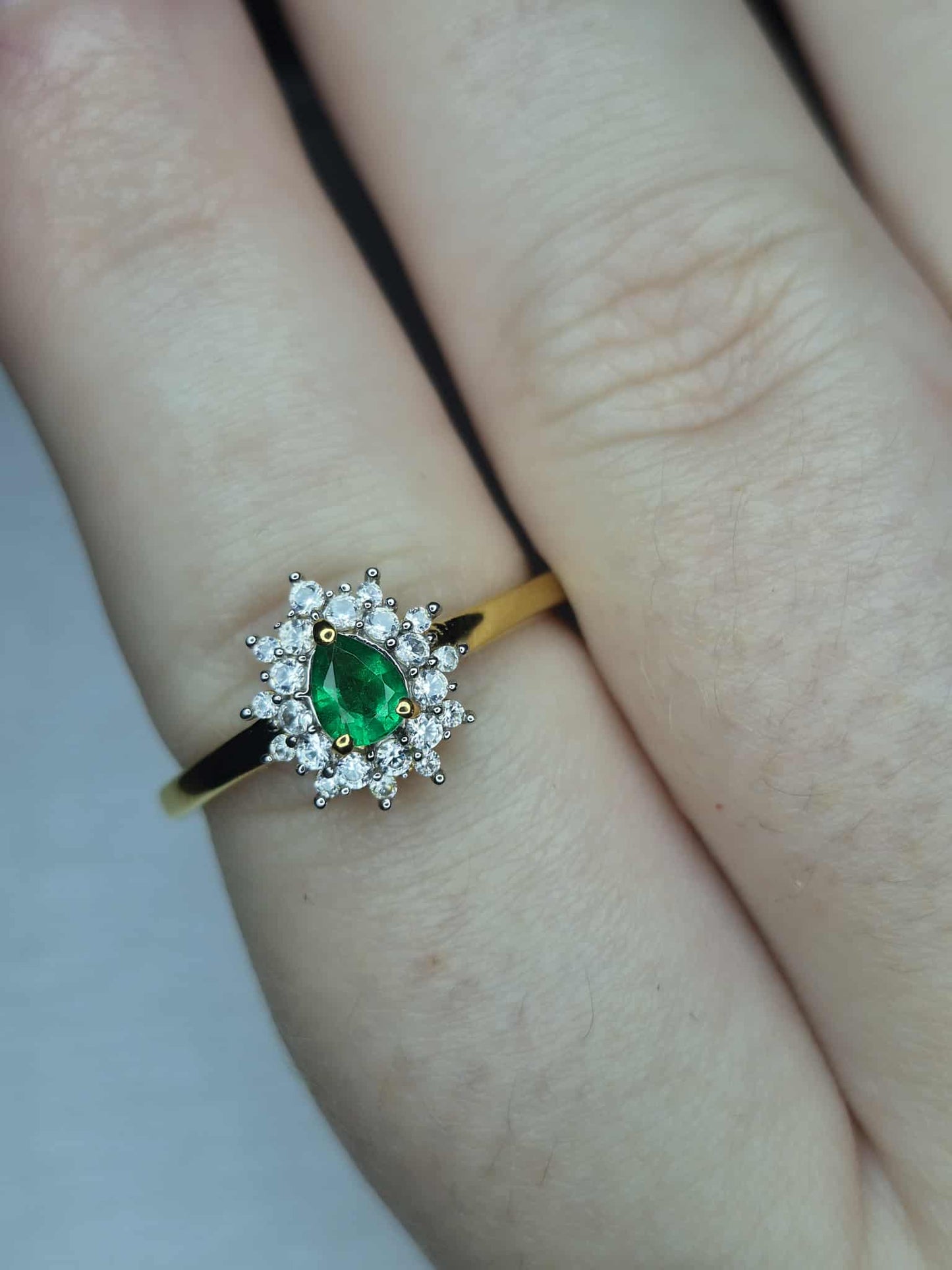 Colombian Emerald &amp; White Zircon Halo Ring in 18K Gold Overlay 925 Sterling Silver SIZE R