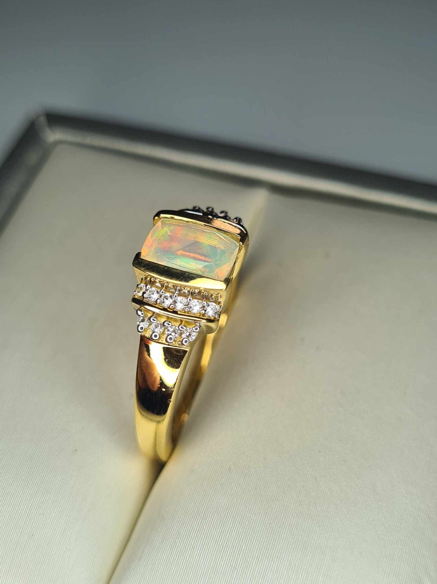 Ethiopian Welo Opal &amp; Natural Zircon Ring in 18K Yellow Gold Overlay 925 Sterling Silver SIZE M