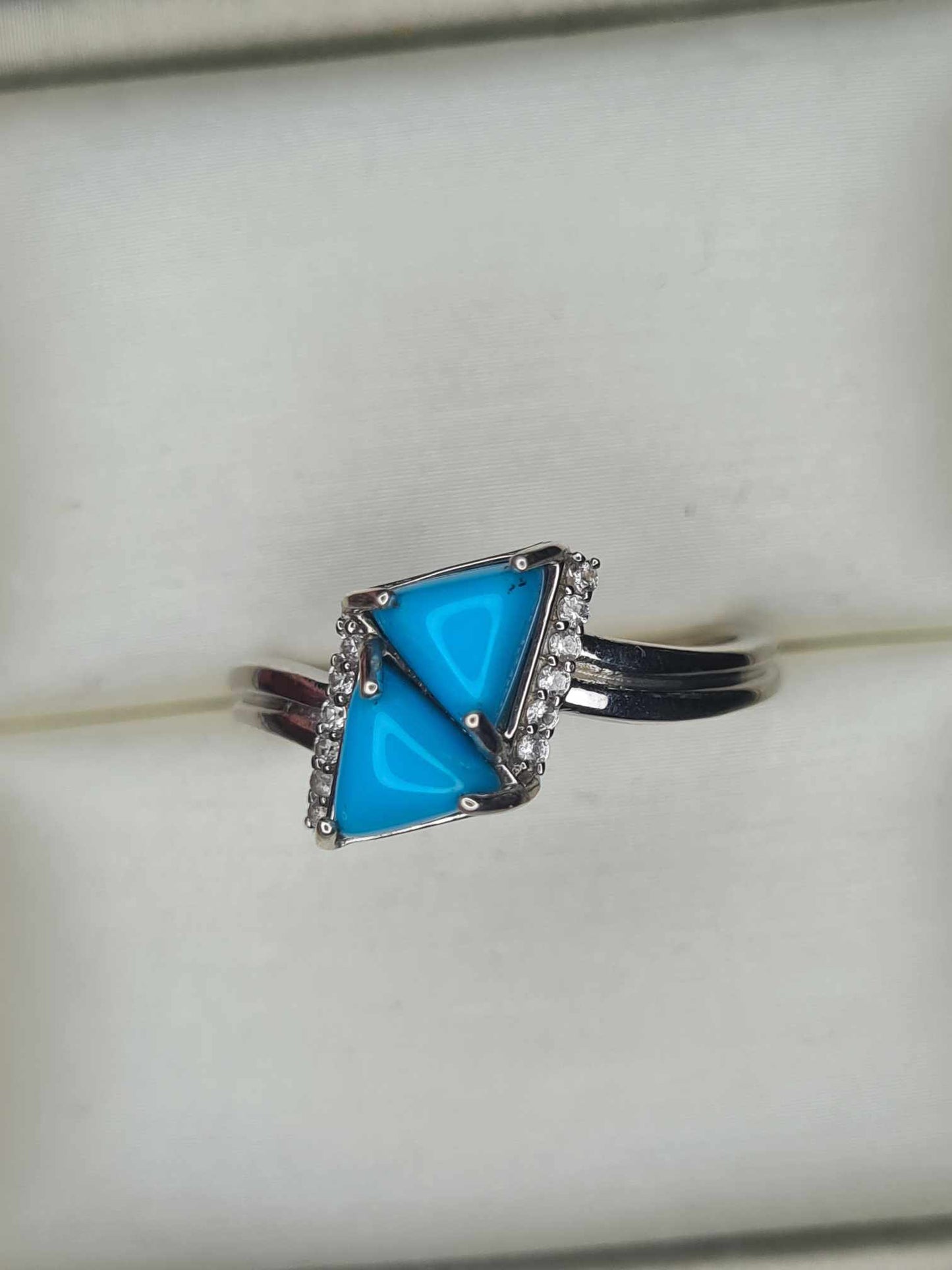 1.17 Ct. Arizona Sleeping Beauty Turquoise Triangle Ring in Platinum Overlay 925 Sterling Silver SIZE P