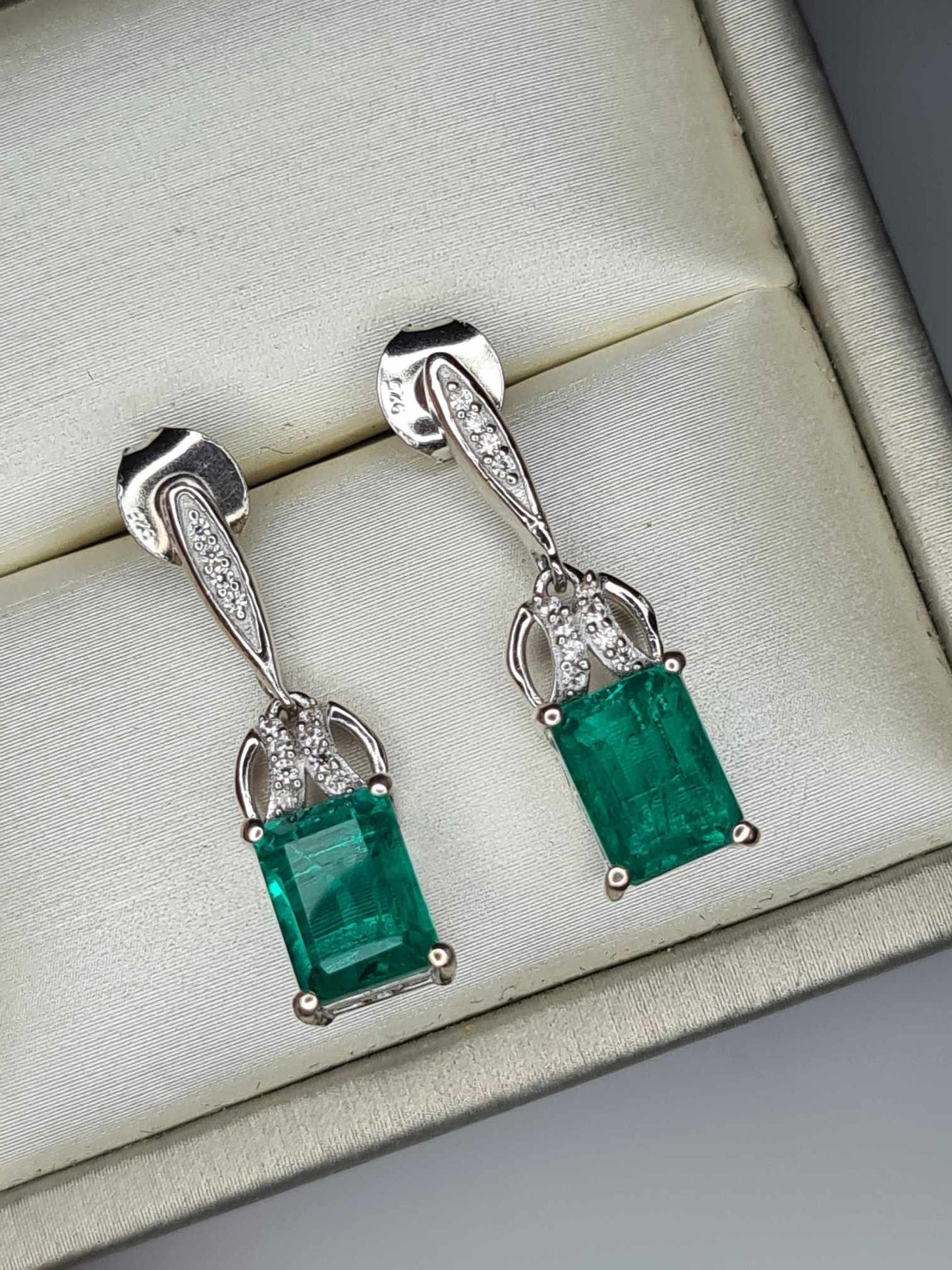 5ct Emeraldine Quartz & Zircon Dangle Earrings in Rhodium Overlay 925 Sterling Silver