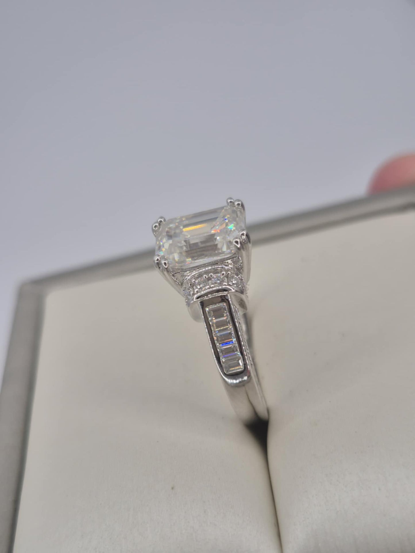 3.30 ct Moissanite Emerald Cut Pave Set Ring in Rhodium Overlay 925 Sterling Silver SIZE L