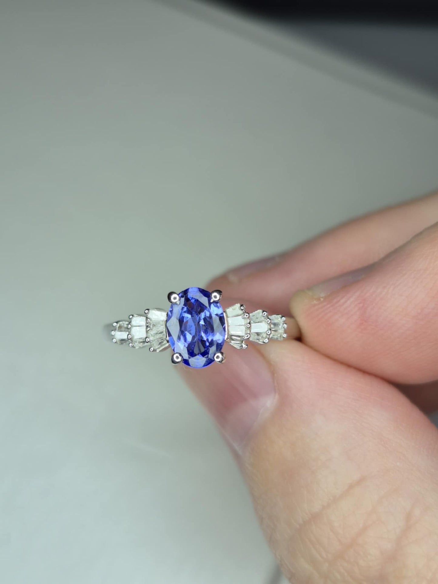 Tanzanite & White Diamond Ballerina Ring Rhodium Overlay 925 Sterling Silver SIZE M