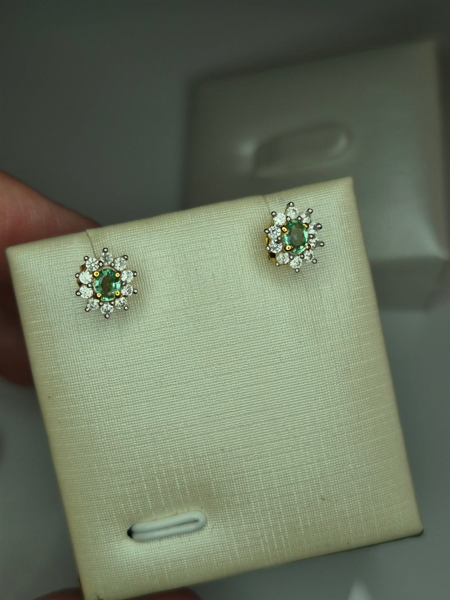 Colombian Emerald & White Zircon Stud Earrings 18k Gold Overlay 925 Sterling Silver
